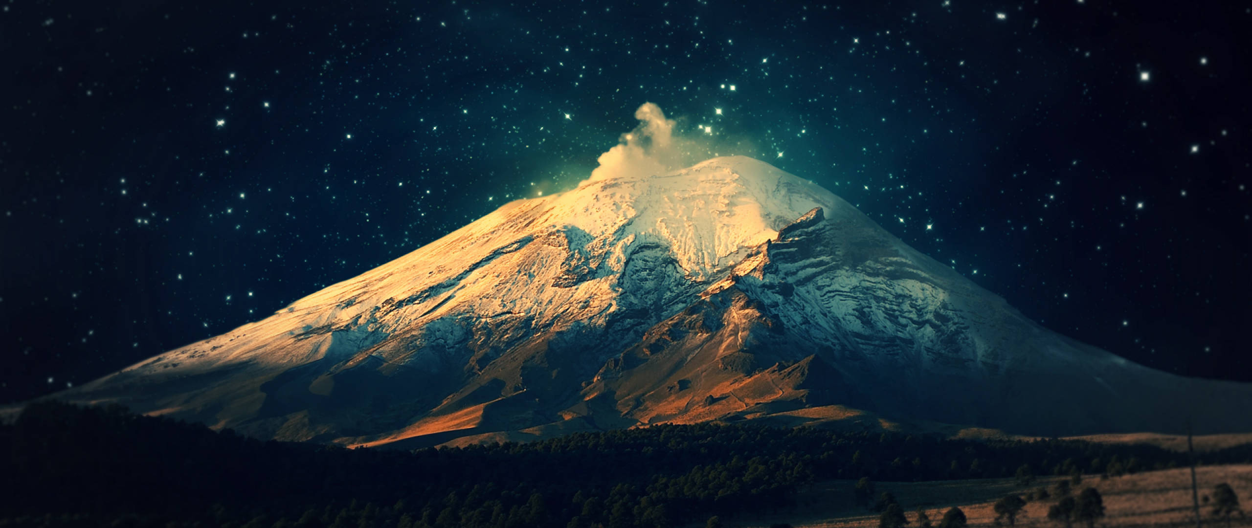 Huge Mountain In Starry Night Background