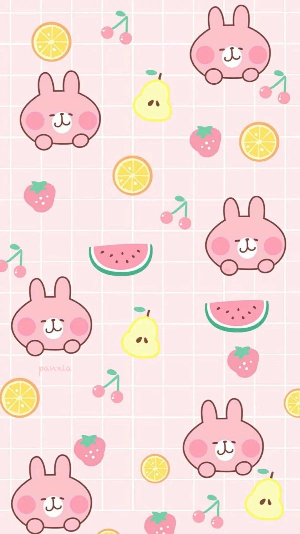 Download Kawaii Pink Rabbit And Fruits Collage Wallpaper | Wallpapers.com