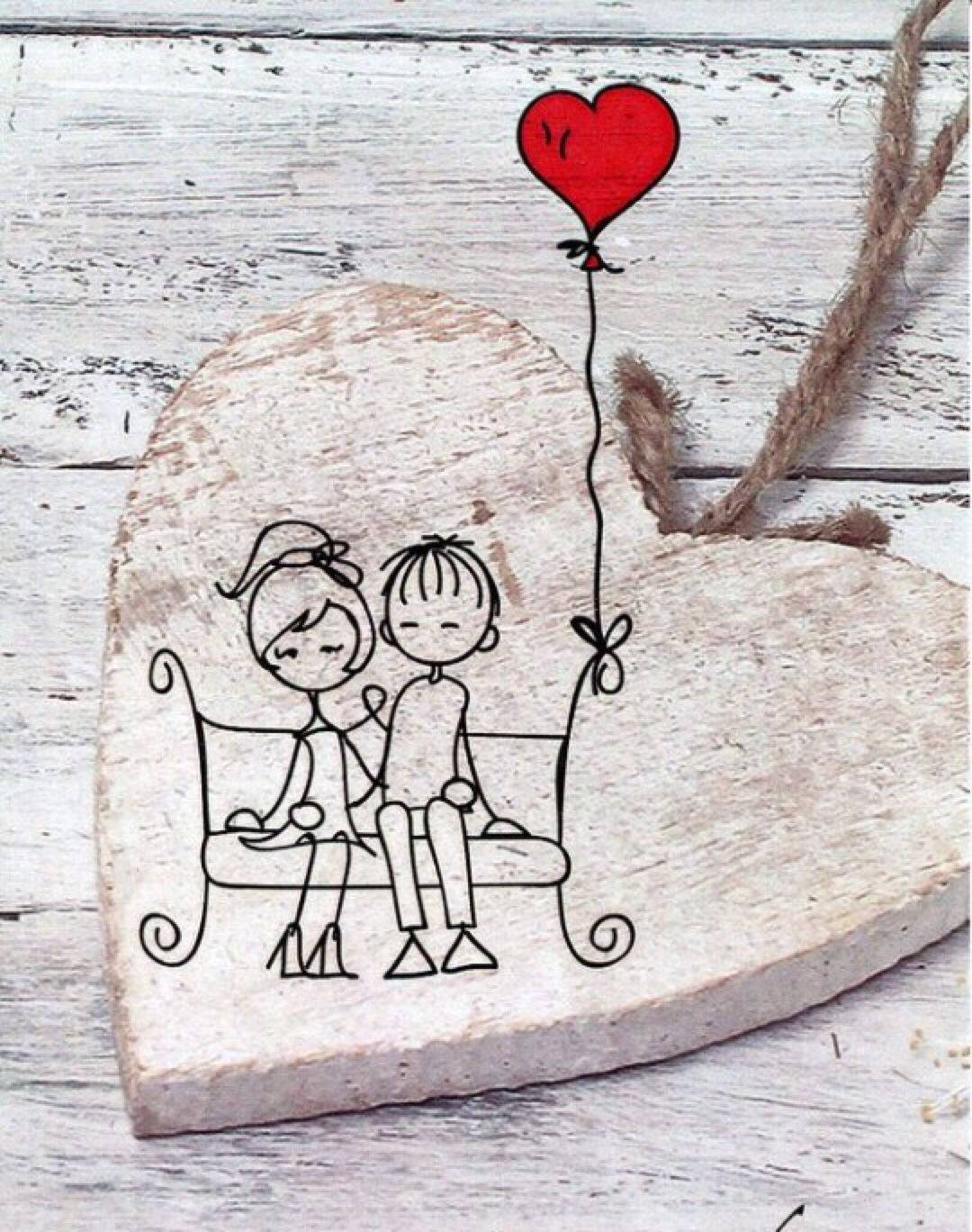 Download Love Drawing On Wooden Heart Wallpaper