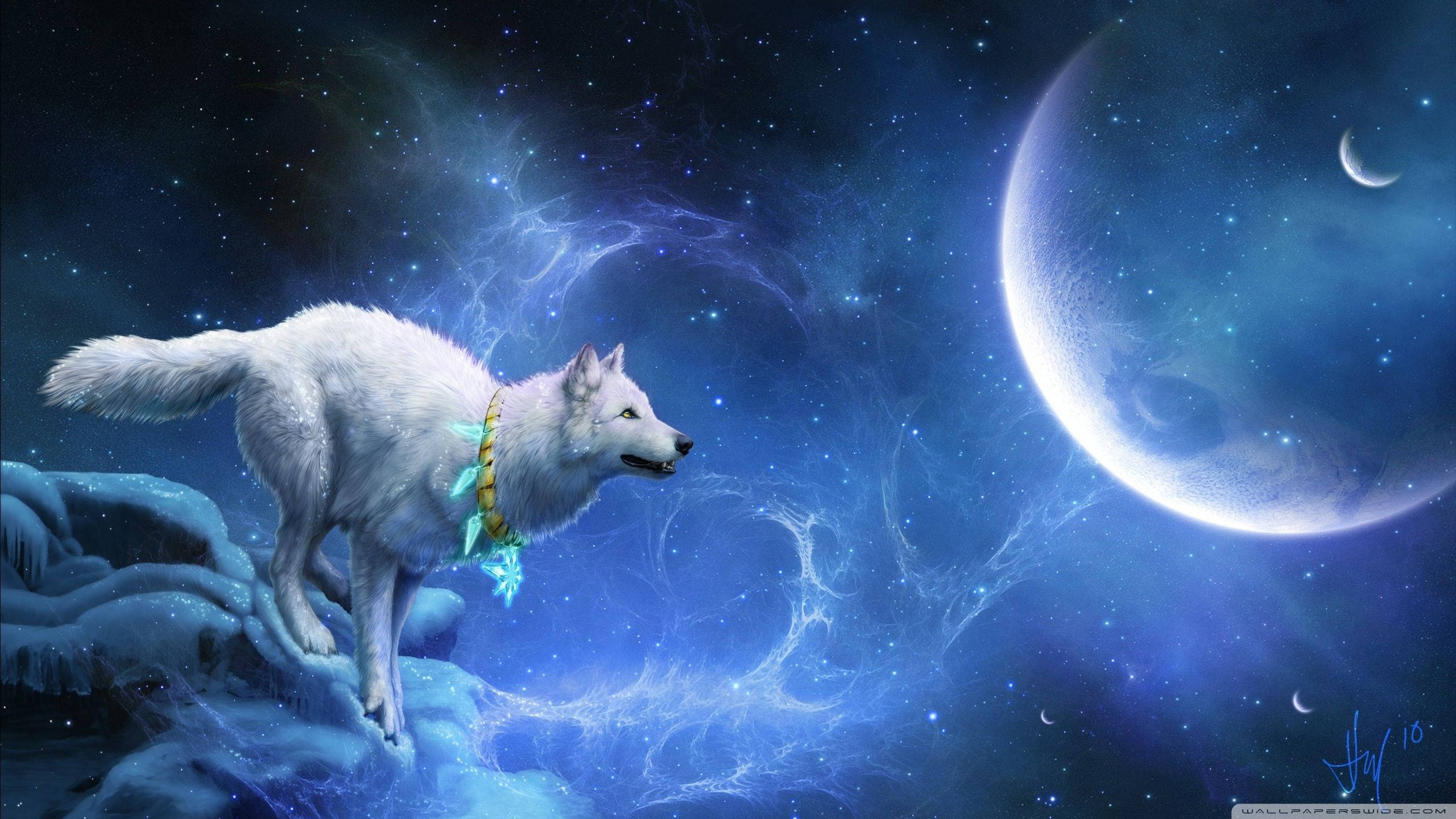 Magic White Wolf At Bright Night Background