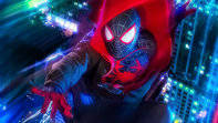 Miles Morales Above Neon Buildings Background