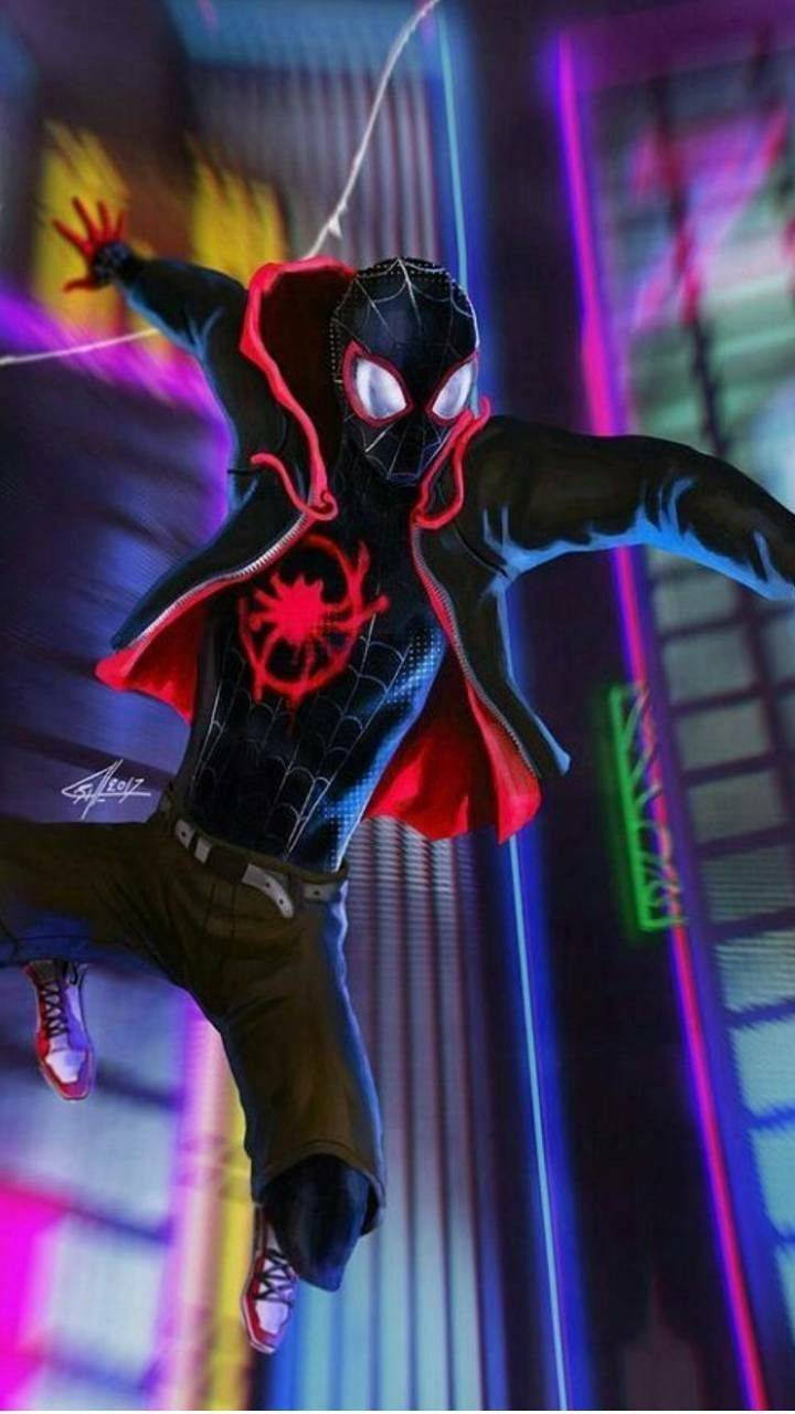 Miles Morales Neon Building Jump Background