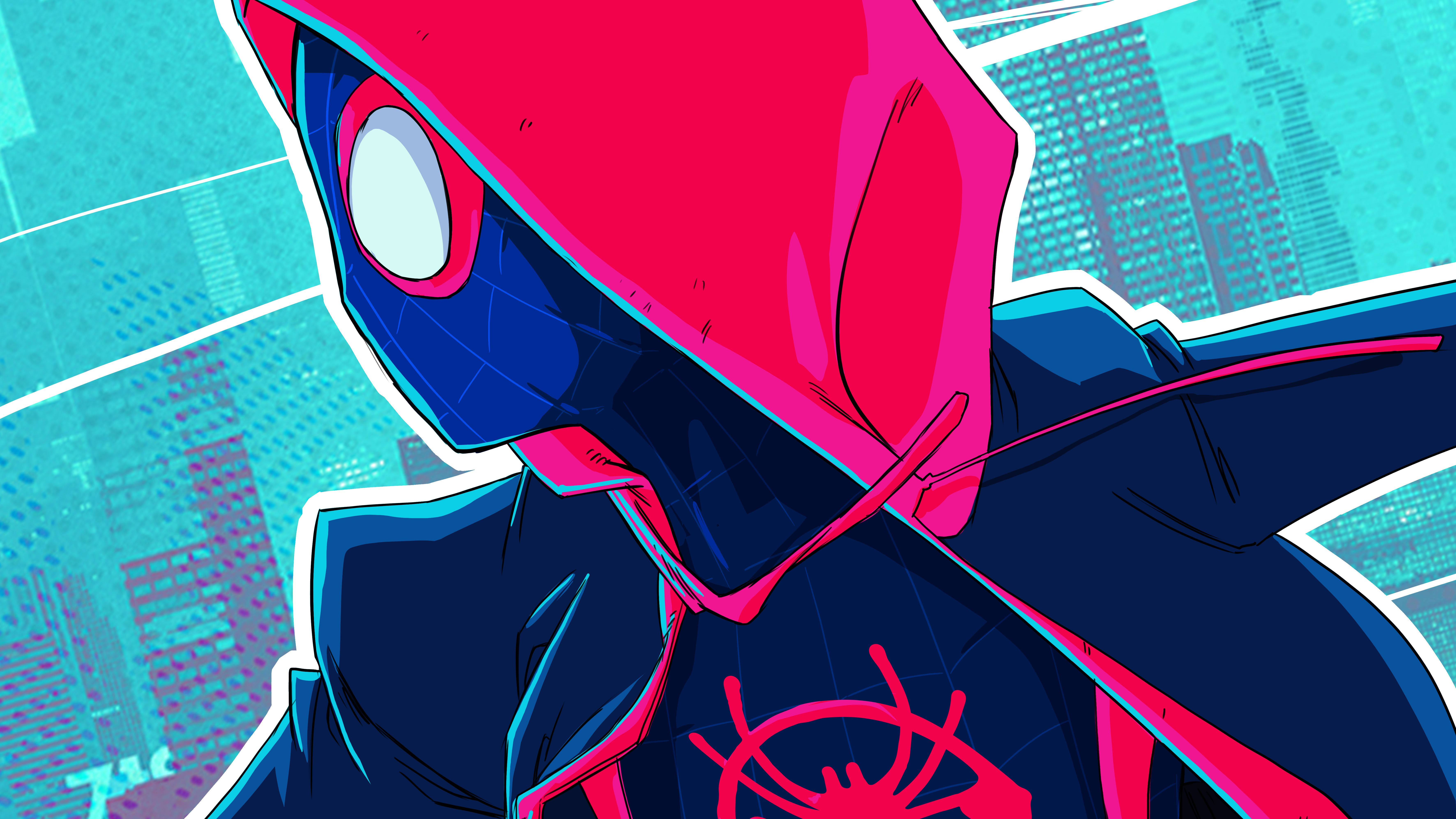 Miles Morales On Turquoise Buildings Background