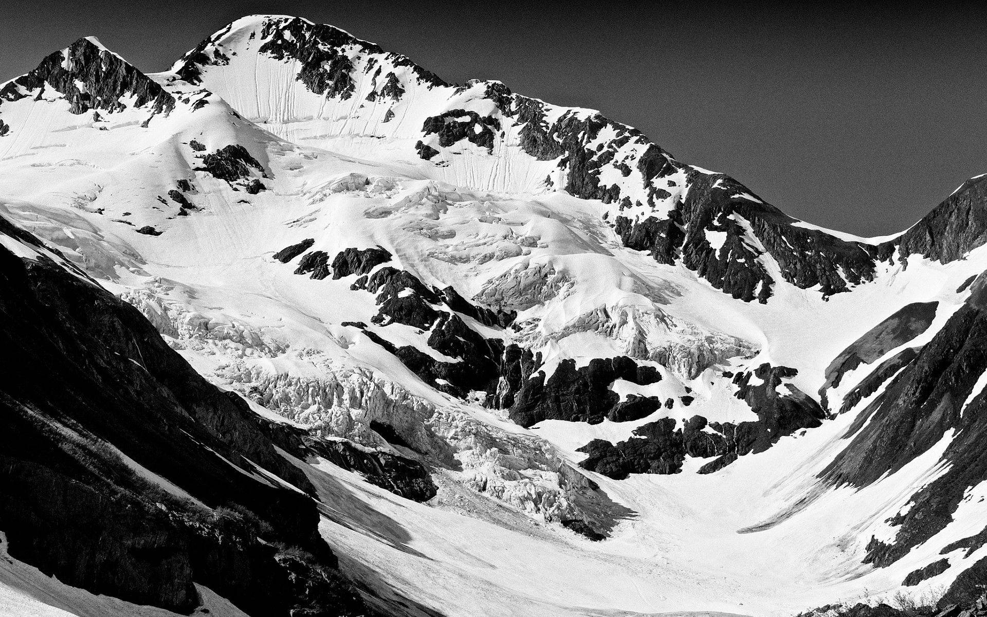 Mountain, Peaks, Snow, Black And White Background
