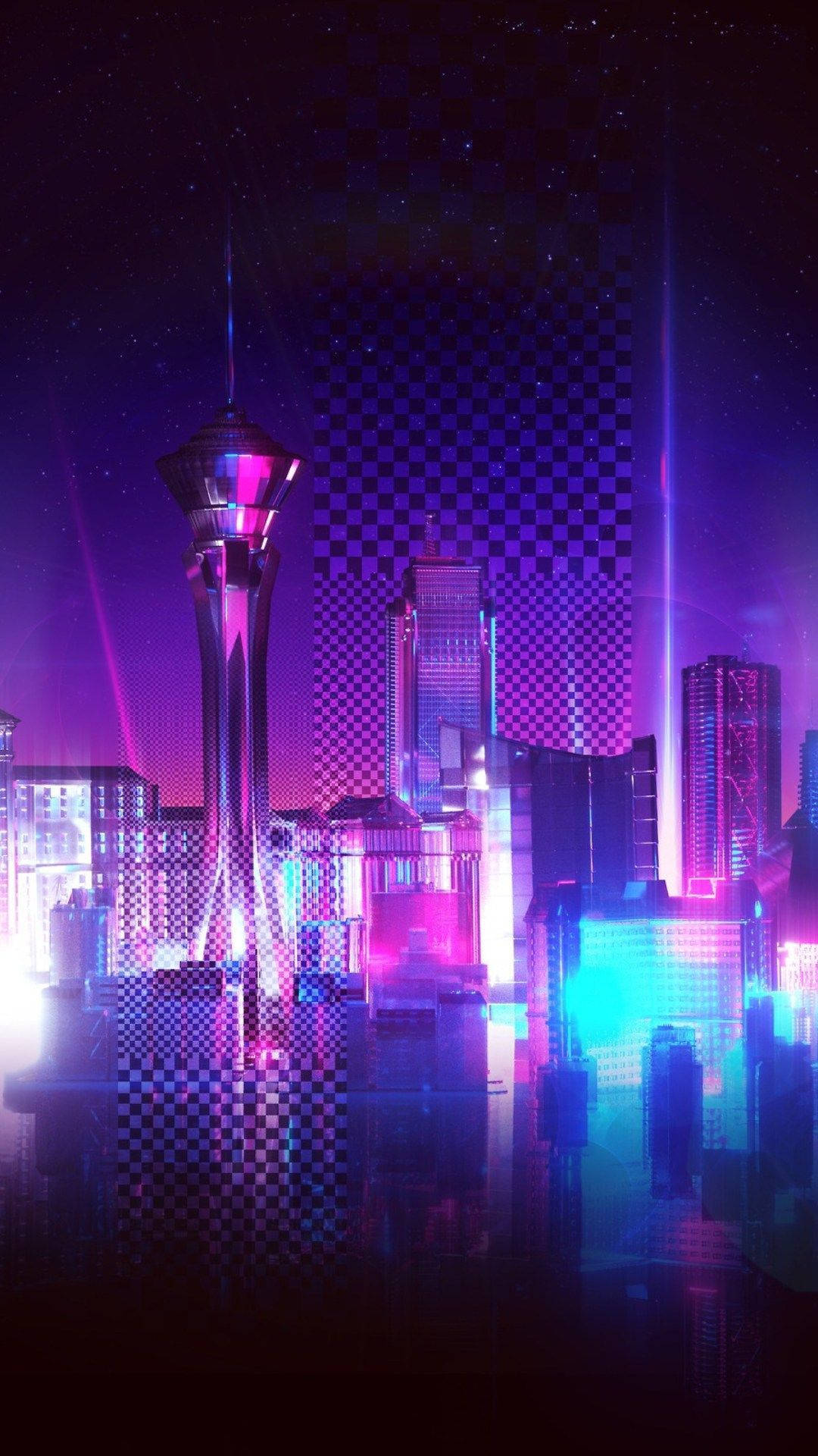 Neon City Checkered Buildings Background