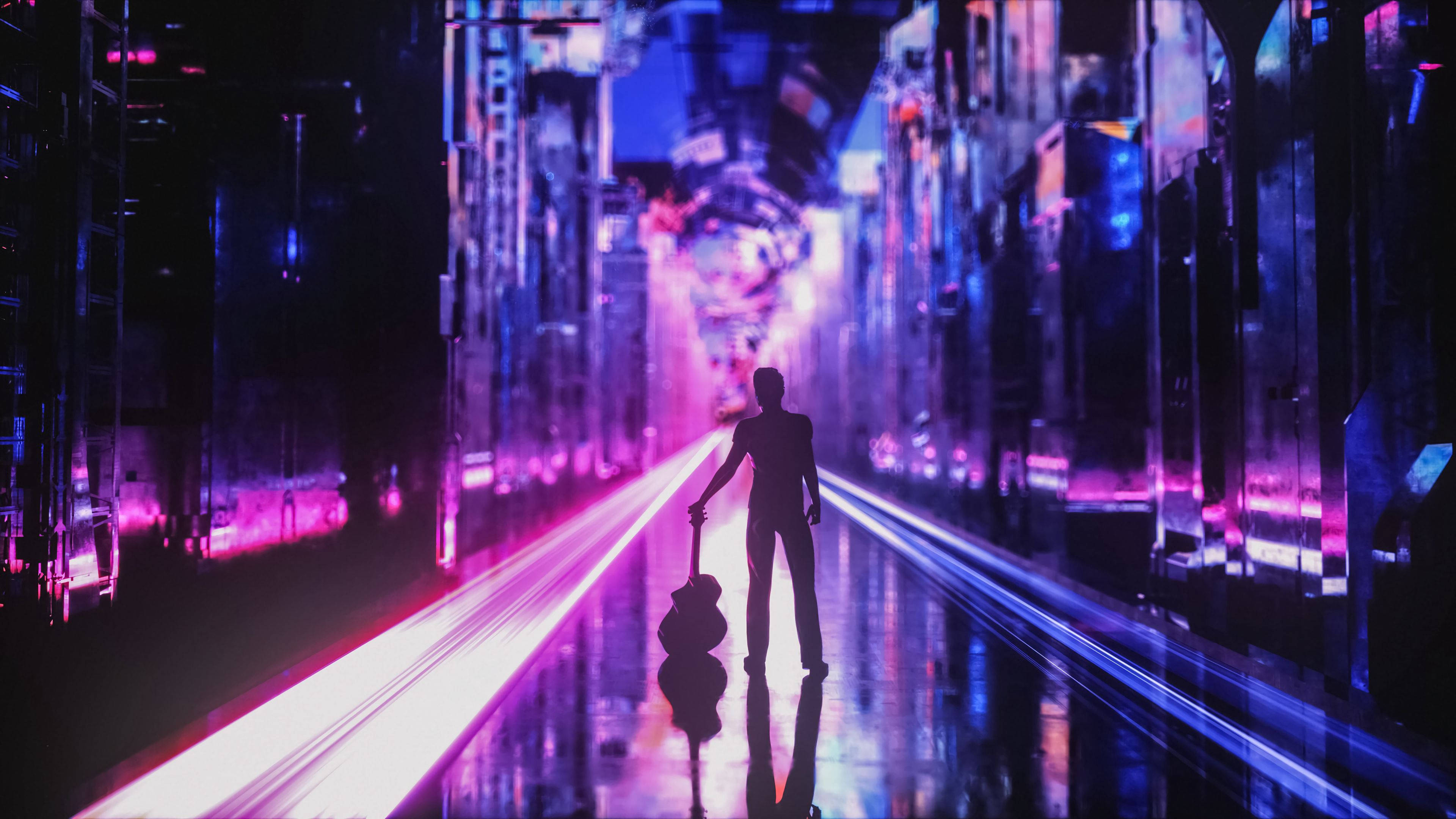 Neon City Man With Guitar Background