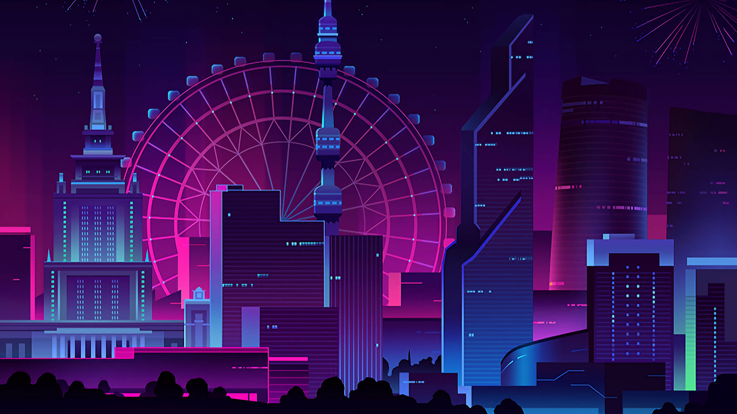 Neon City With Ferris Wheel Background