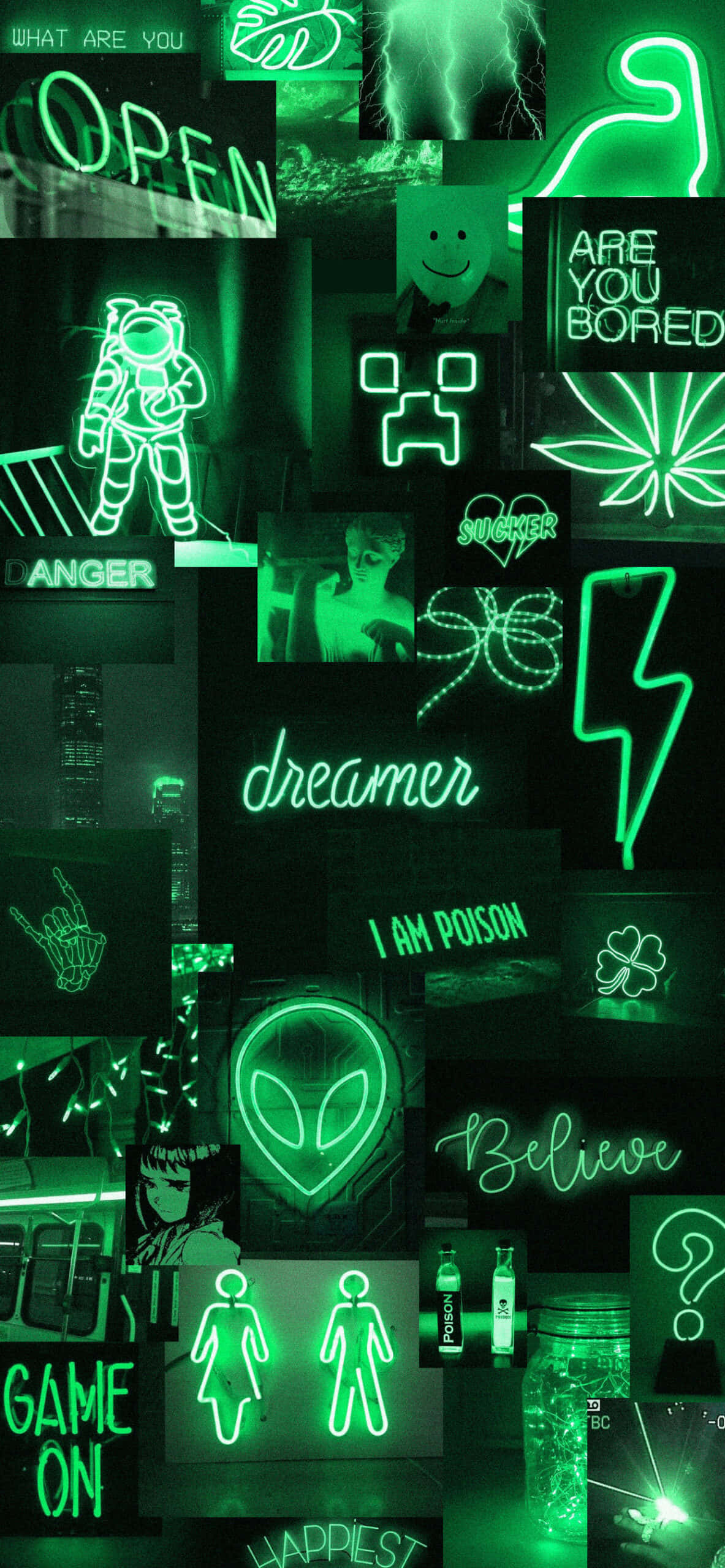 Download A Collage Of Green Neon Signs And Symbols Wallpaper ...