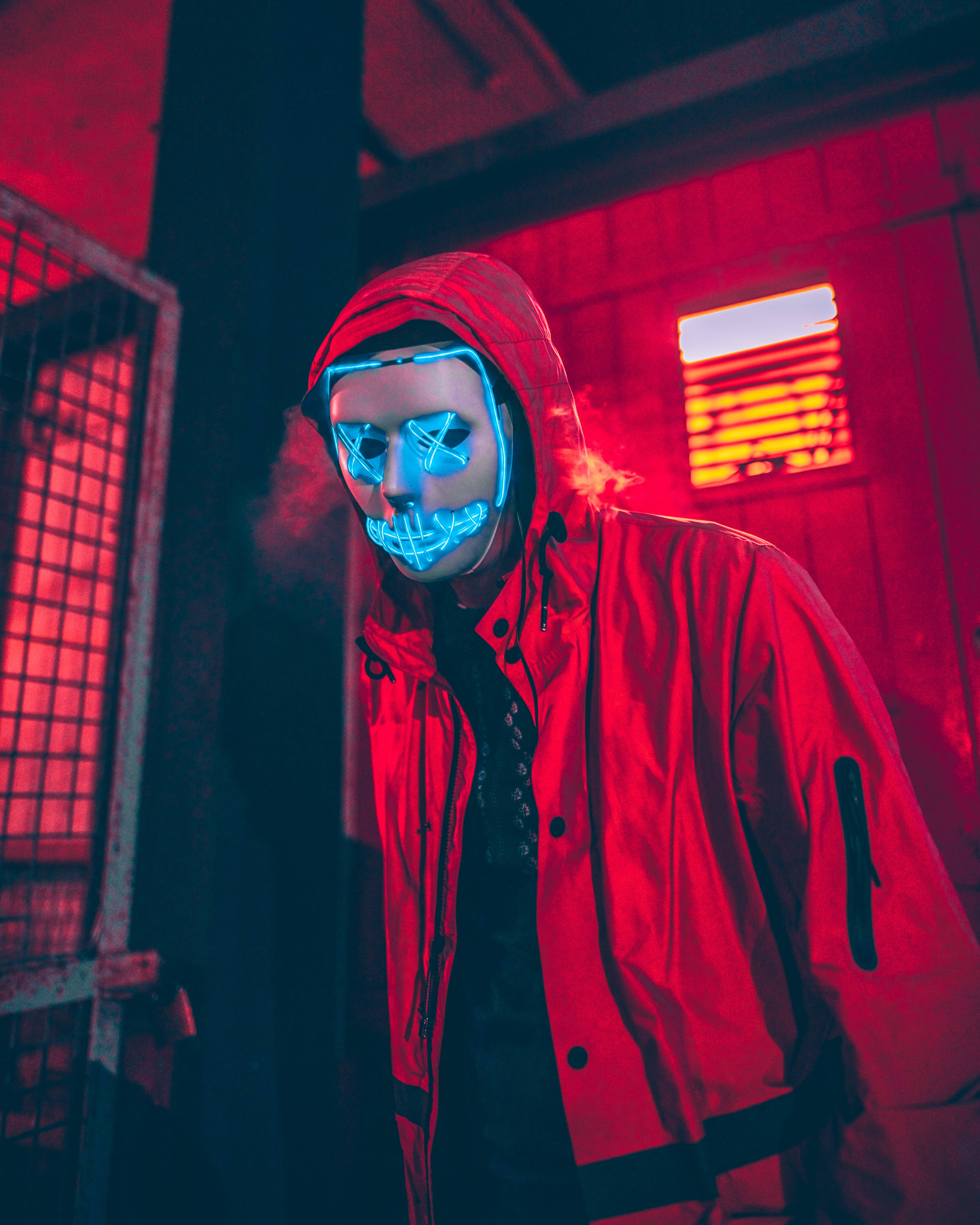 Neon Mask, Mask, Man, Hood, Red Background