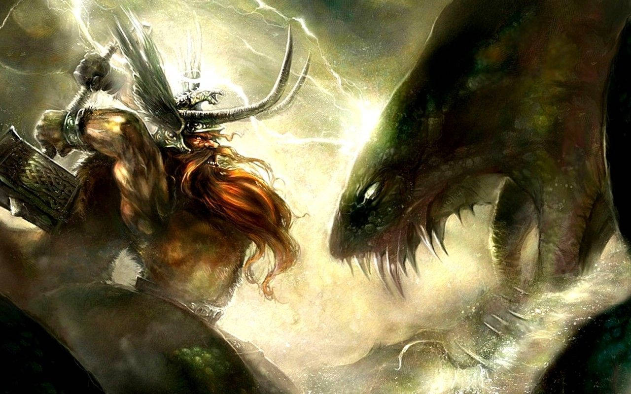 Norse Mythology Thor And The Serpent Background