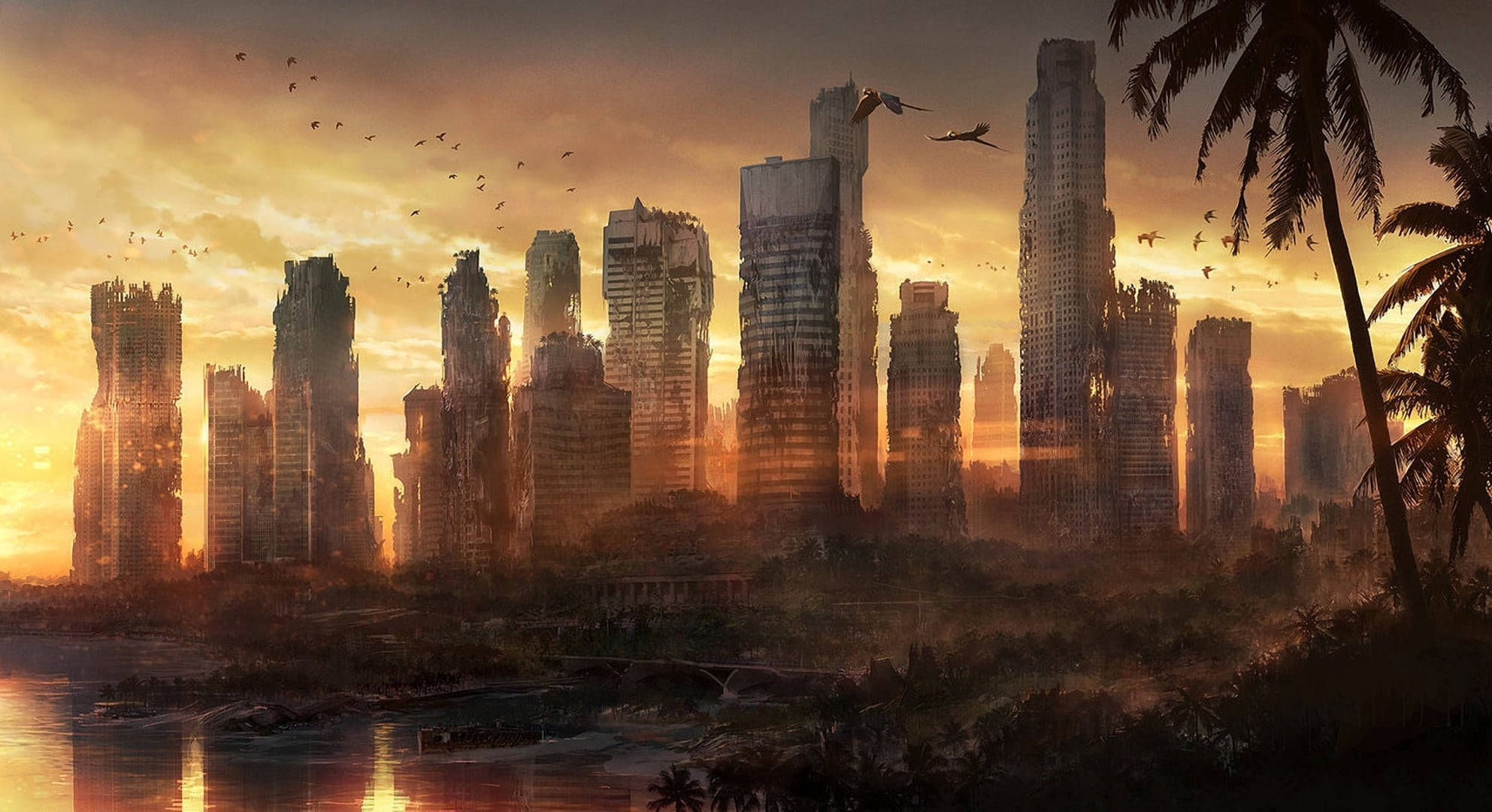 Download Palm Tree Sunset Apocalyptic City Wallpaper 