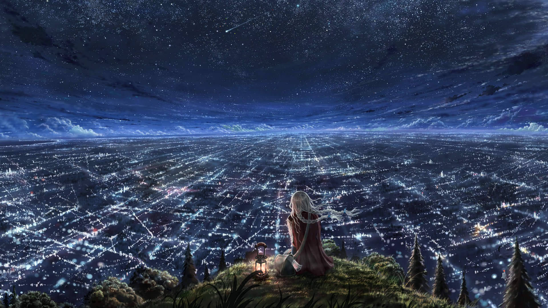 Panoramic Blue Anime City Lights Background