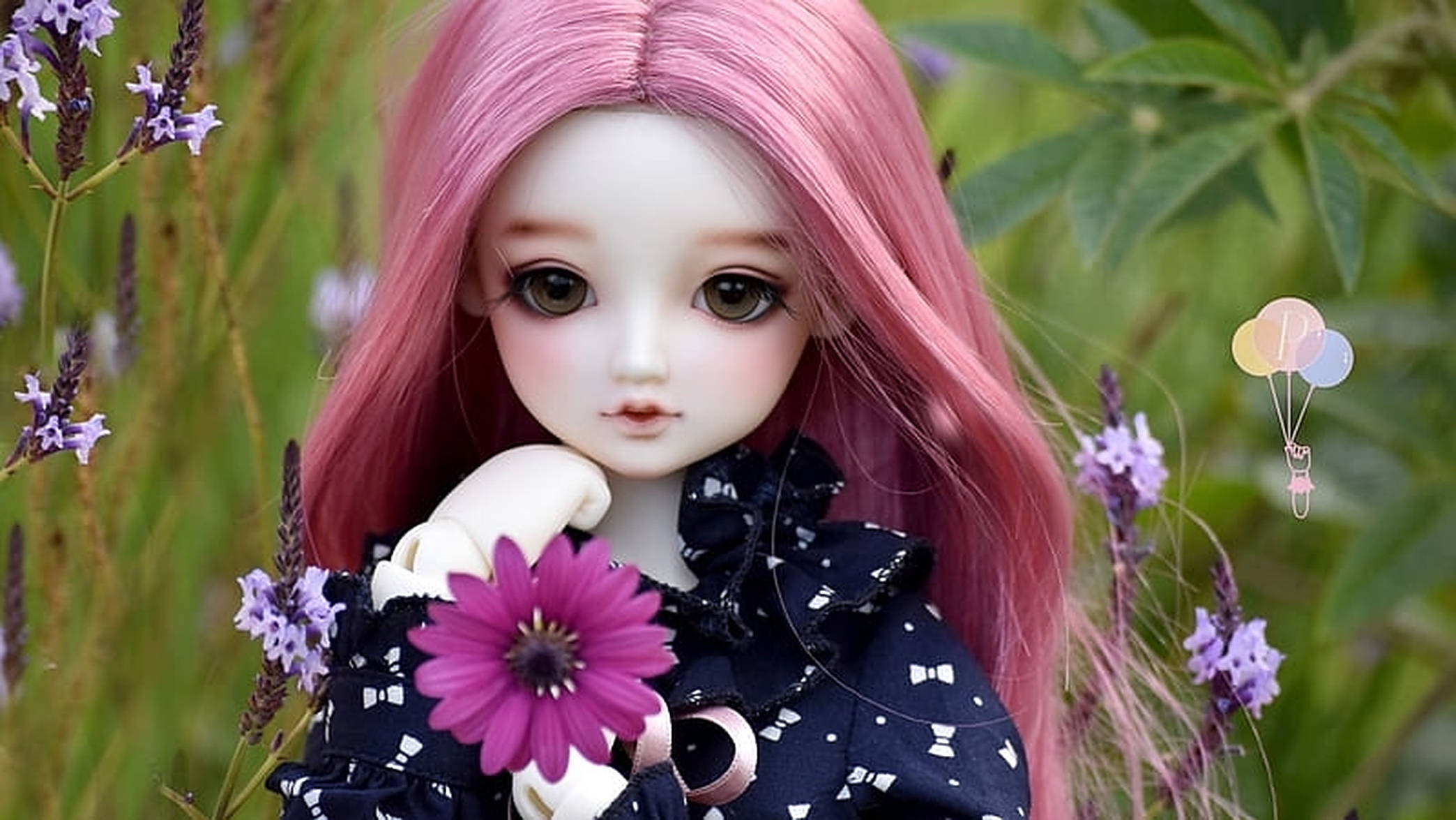 Download Pink Hair Doll With Flower Wallpaper 