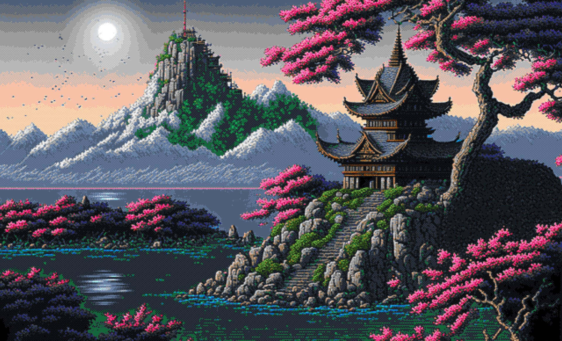 Пиксель арт пейзаж Япония