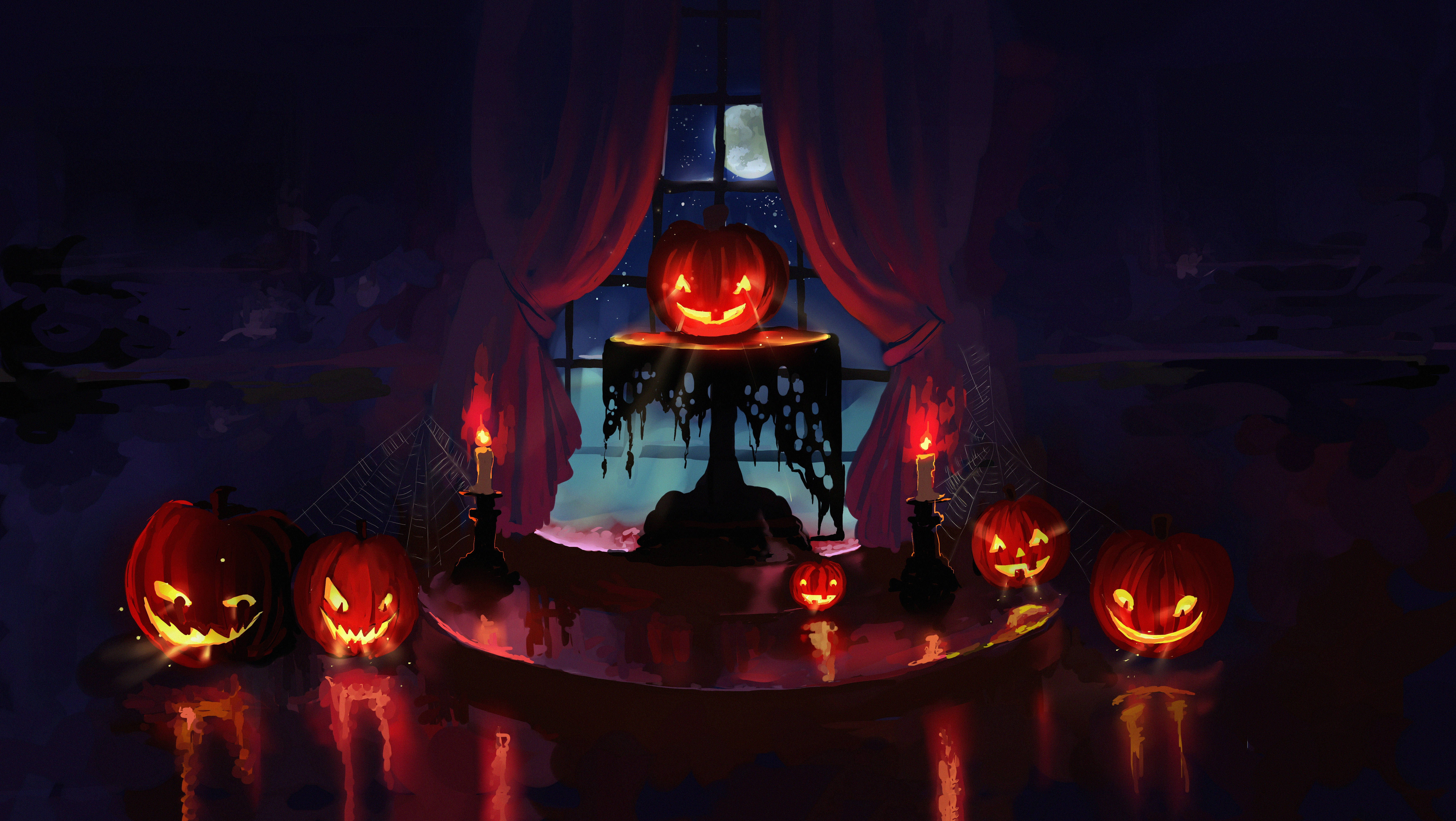 Pumpkins Candles In Haunted Room Background