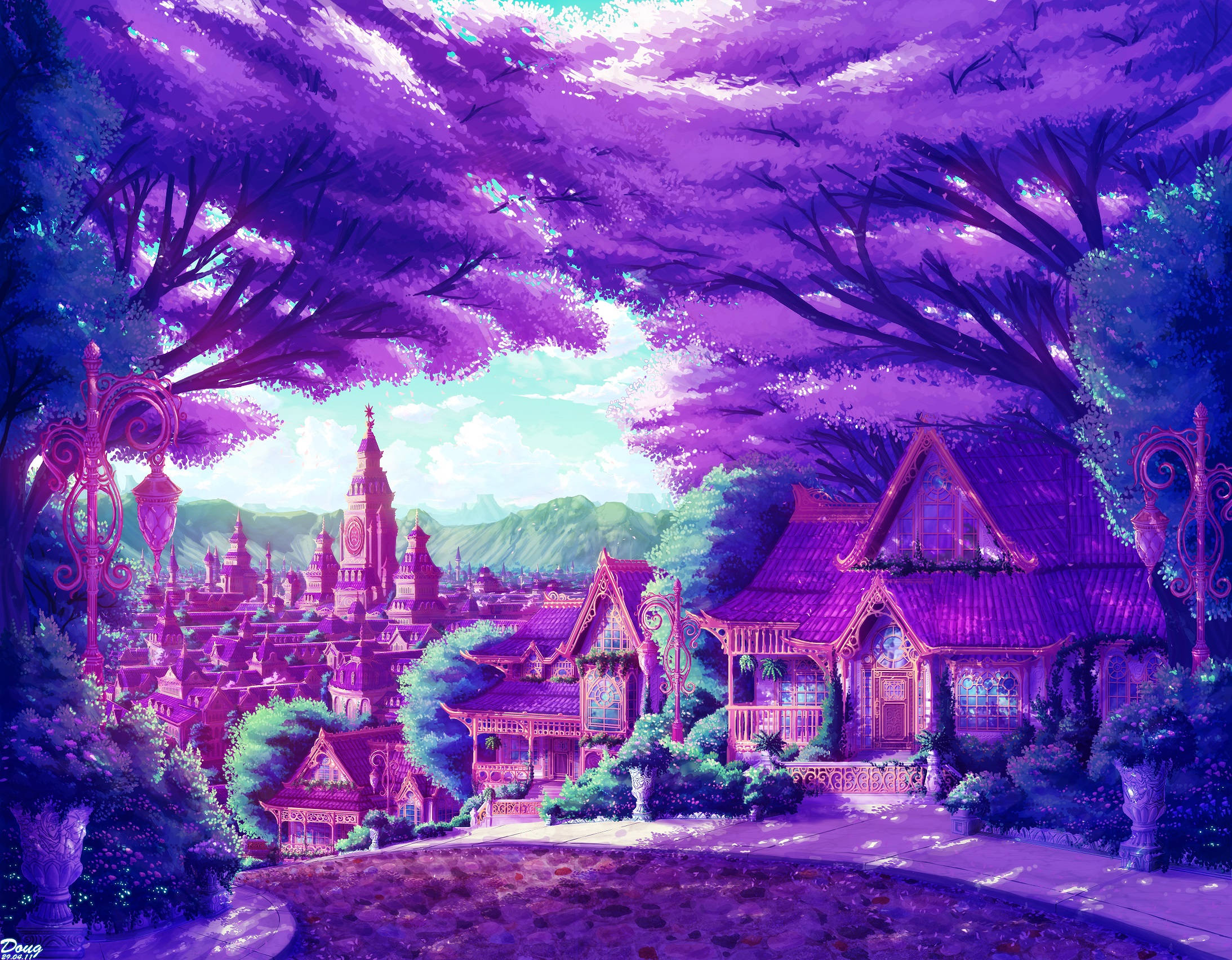 Purple Anime City Artwork Background