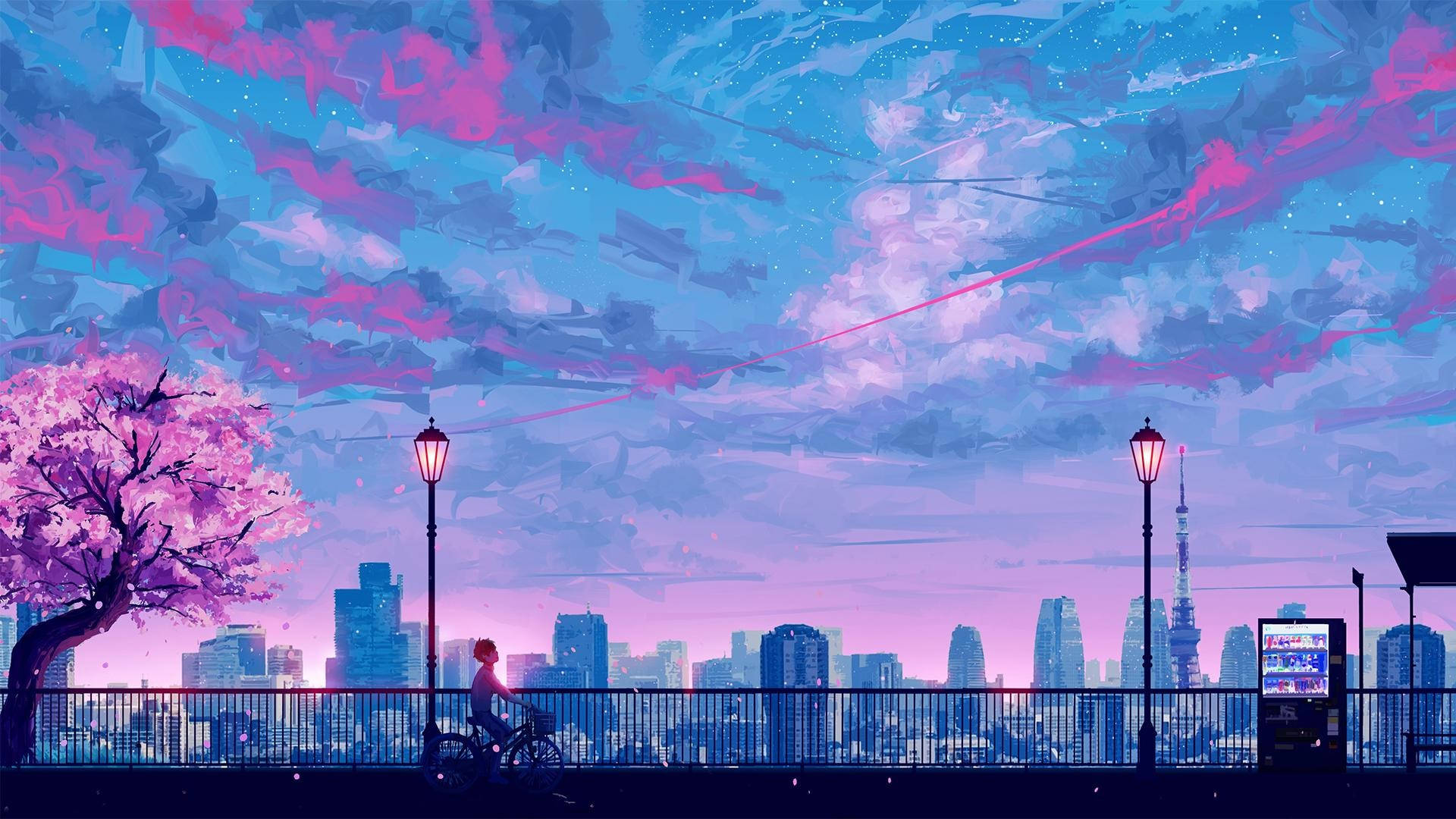 Purple Sky Anime City Background