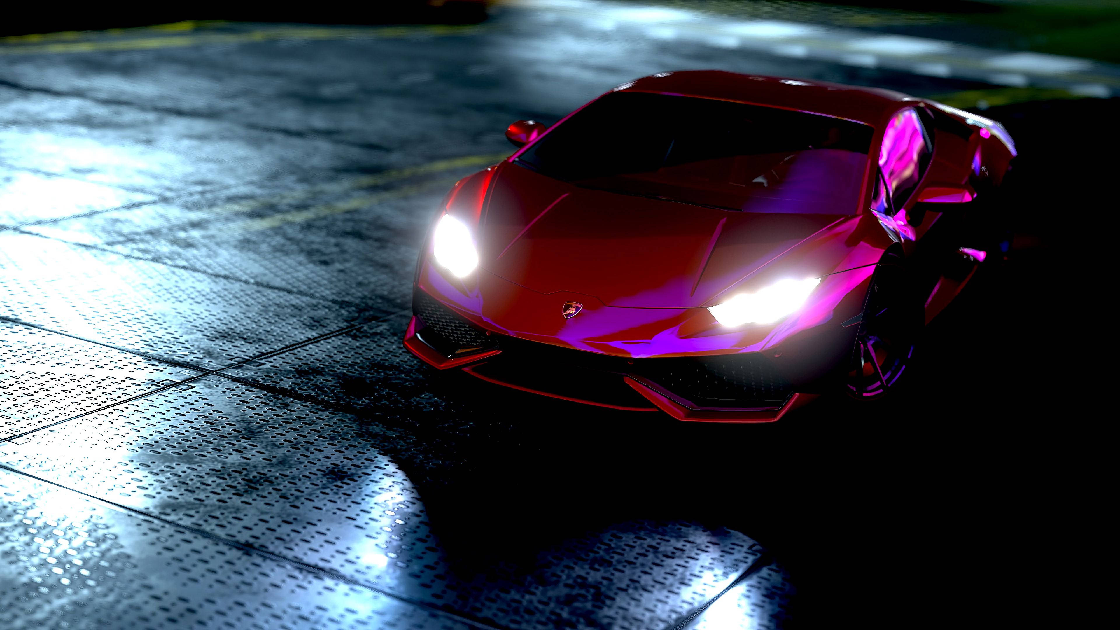 Red Lamborghini Huracan Neon Lights Background