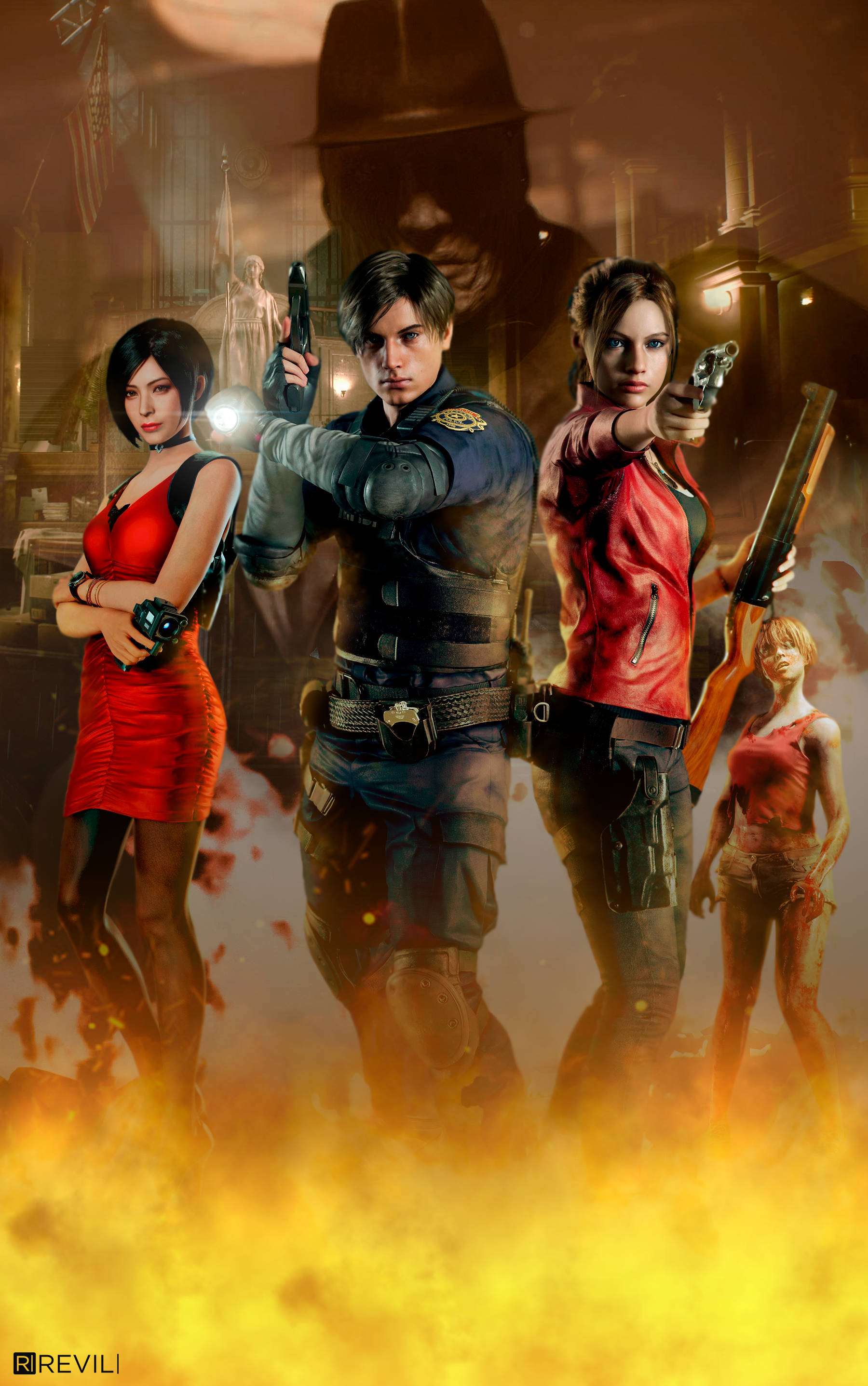 Resident Evil 2 Characters On Fire Background