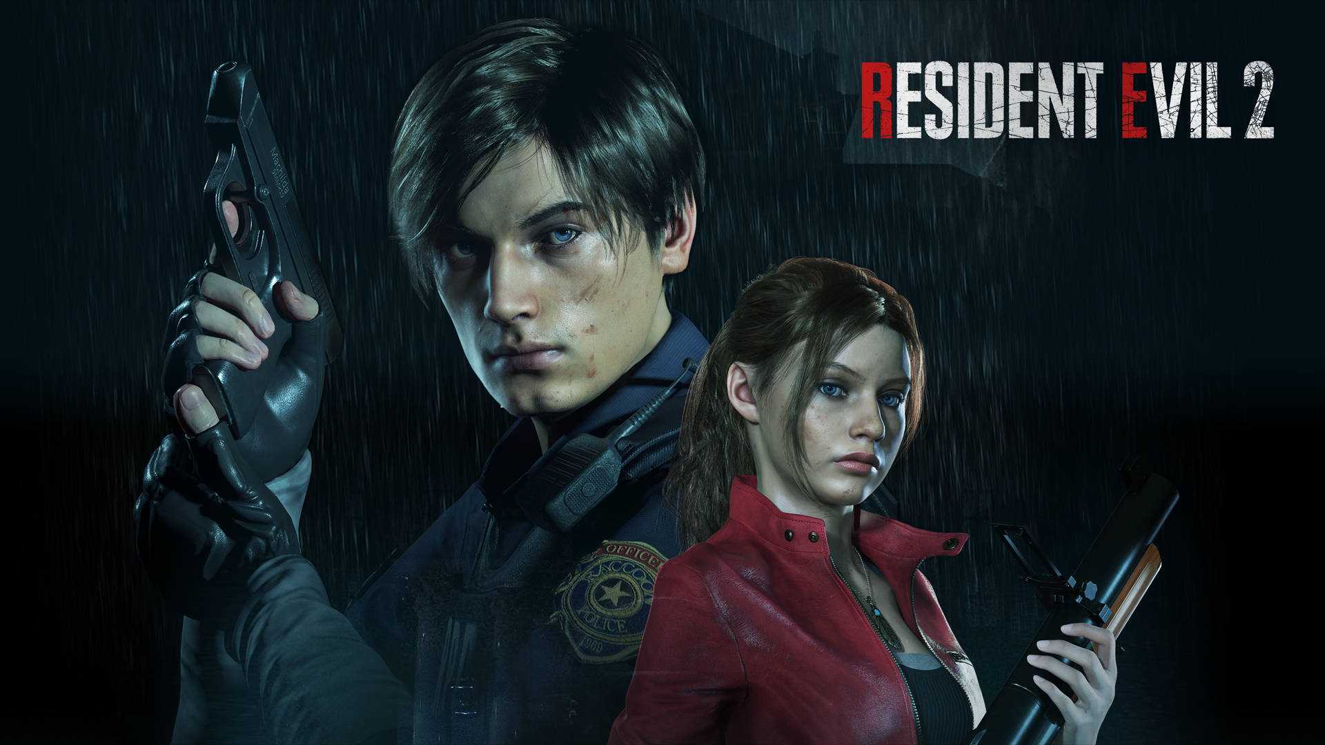 Resident Evil 2 Leon And Claire On Rainy Night Background