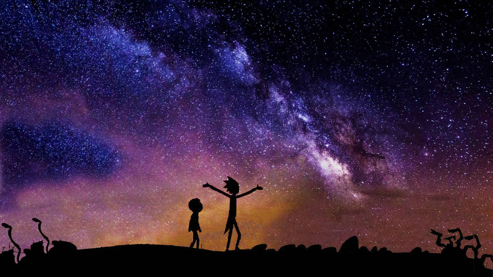 Rick And Morty Under The Cosmic Sky Background