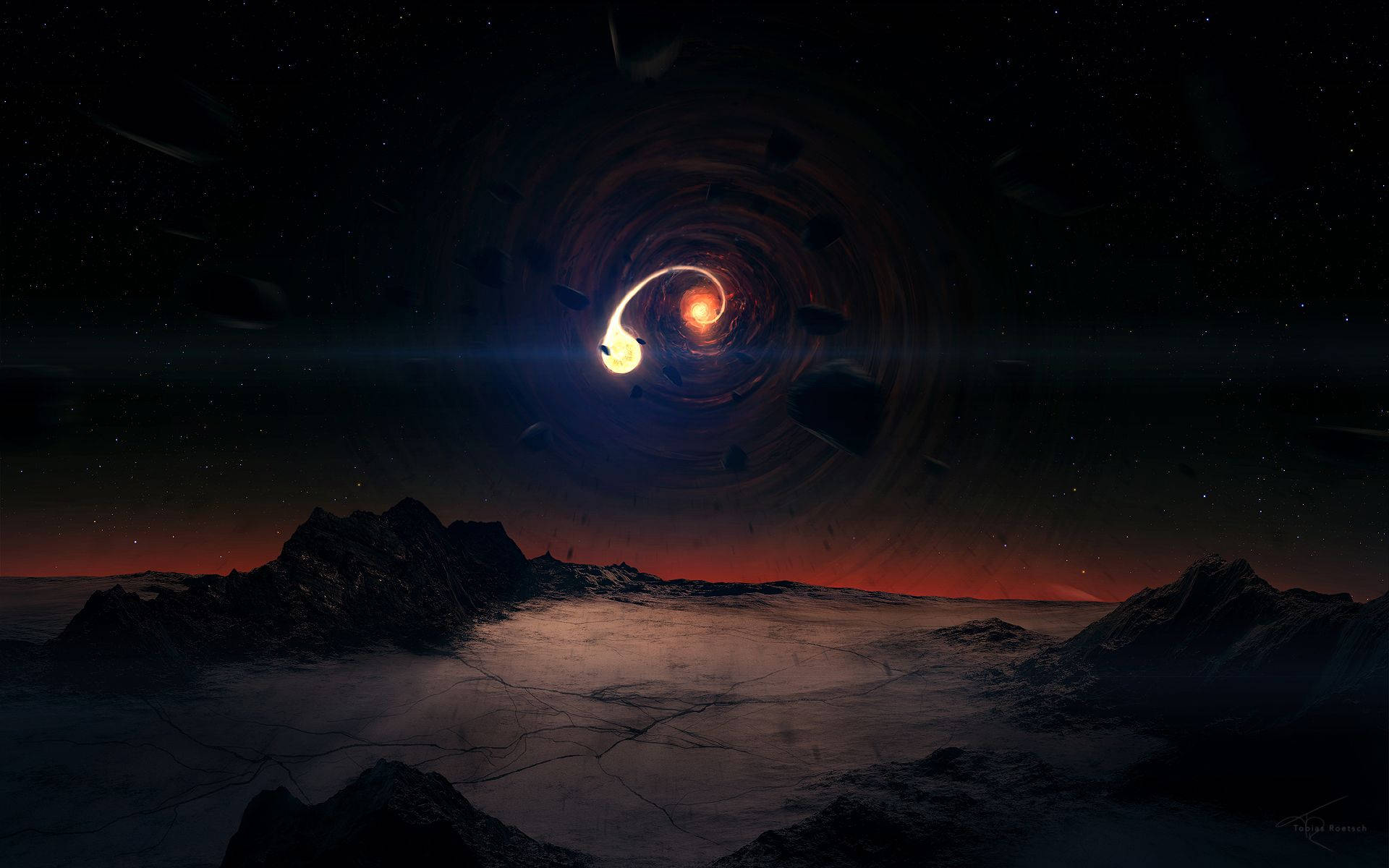 Rocky Planet With A Black Hole Background