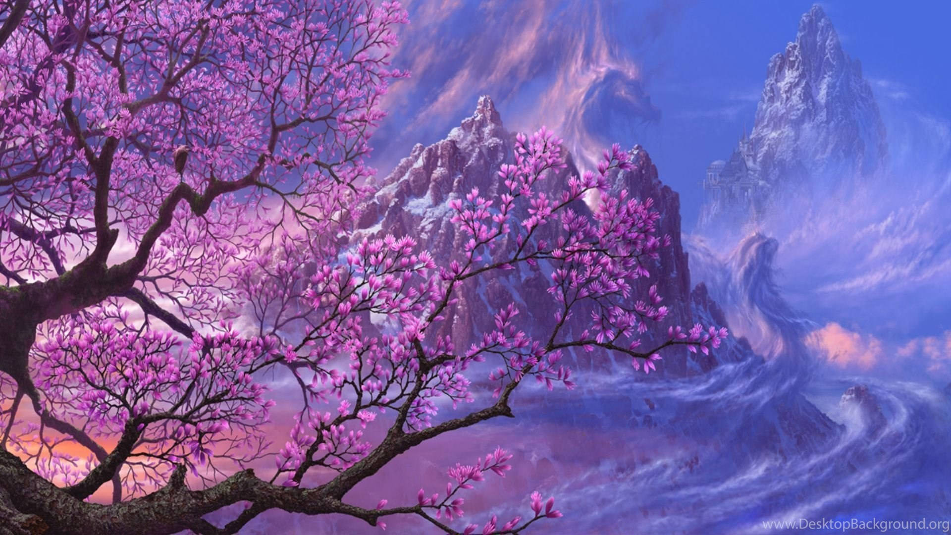 Sakura Flowers Fantasy World Background