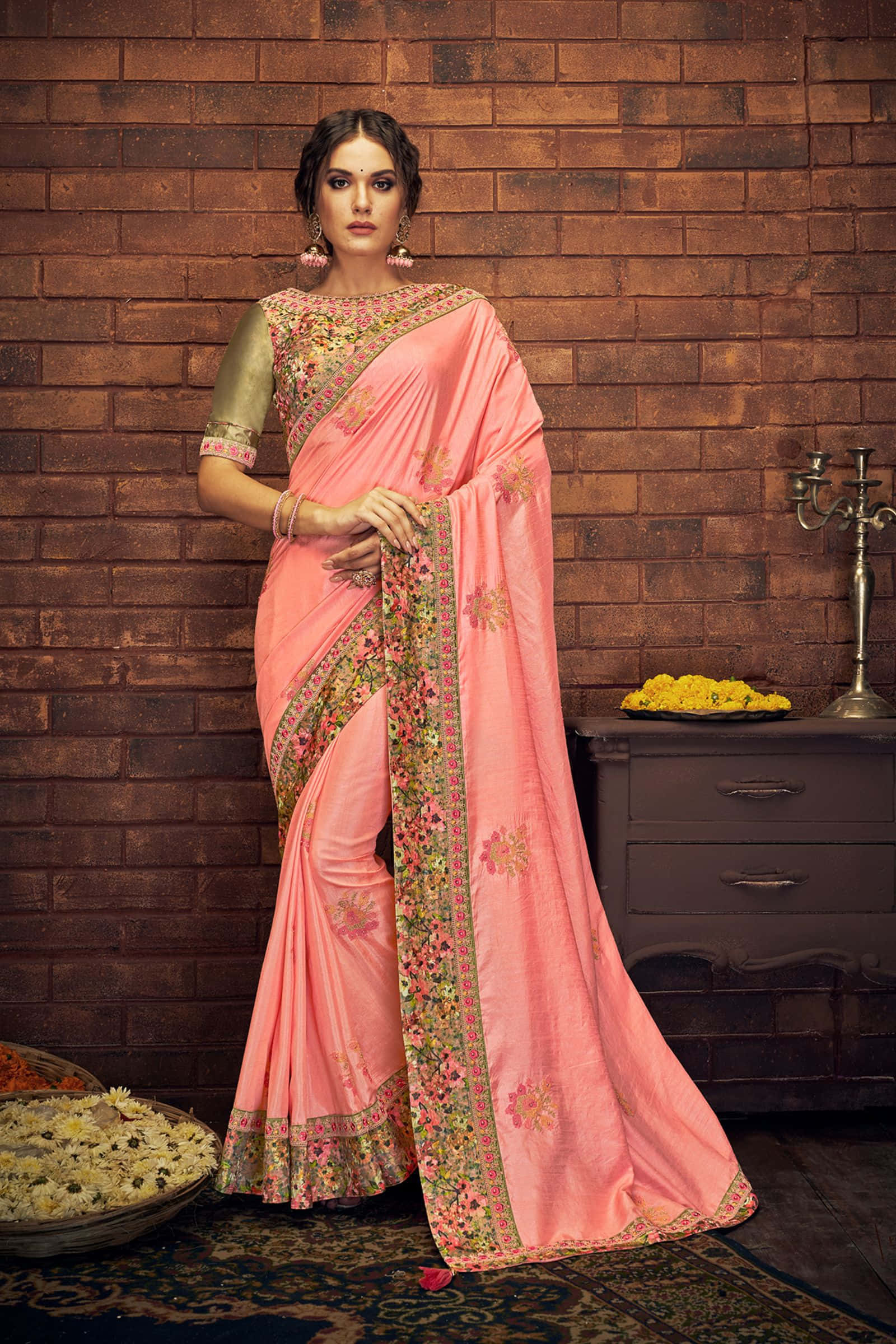 Download Pink Designer Saree With Embroidery | Wallpapers.com