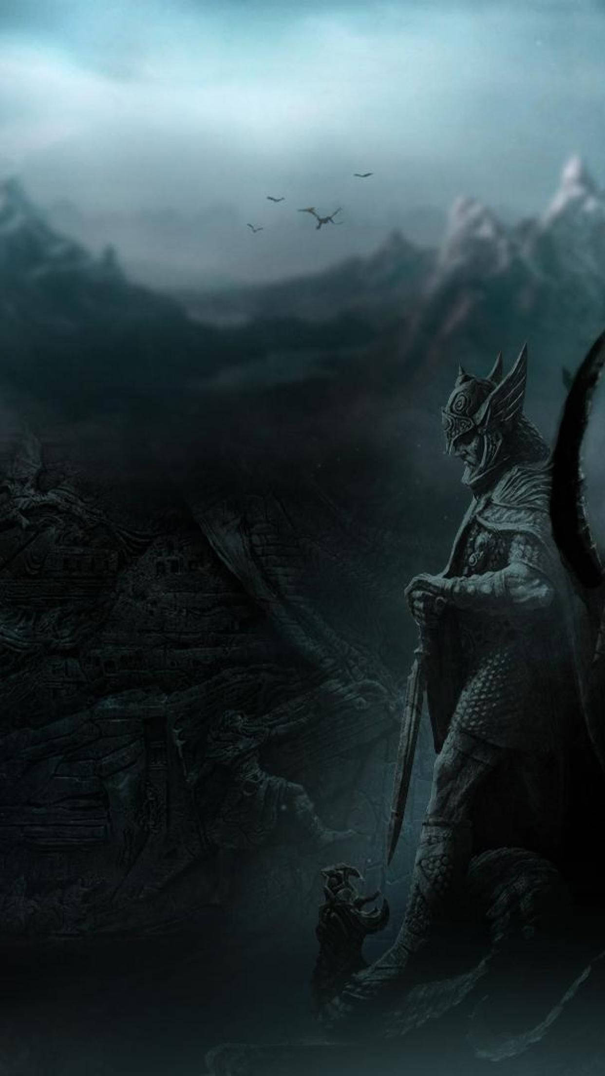 Download Skyrim 4k Dragonborn Statue Holding A Sword Wallpaper | Wallpapers .com