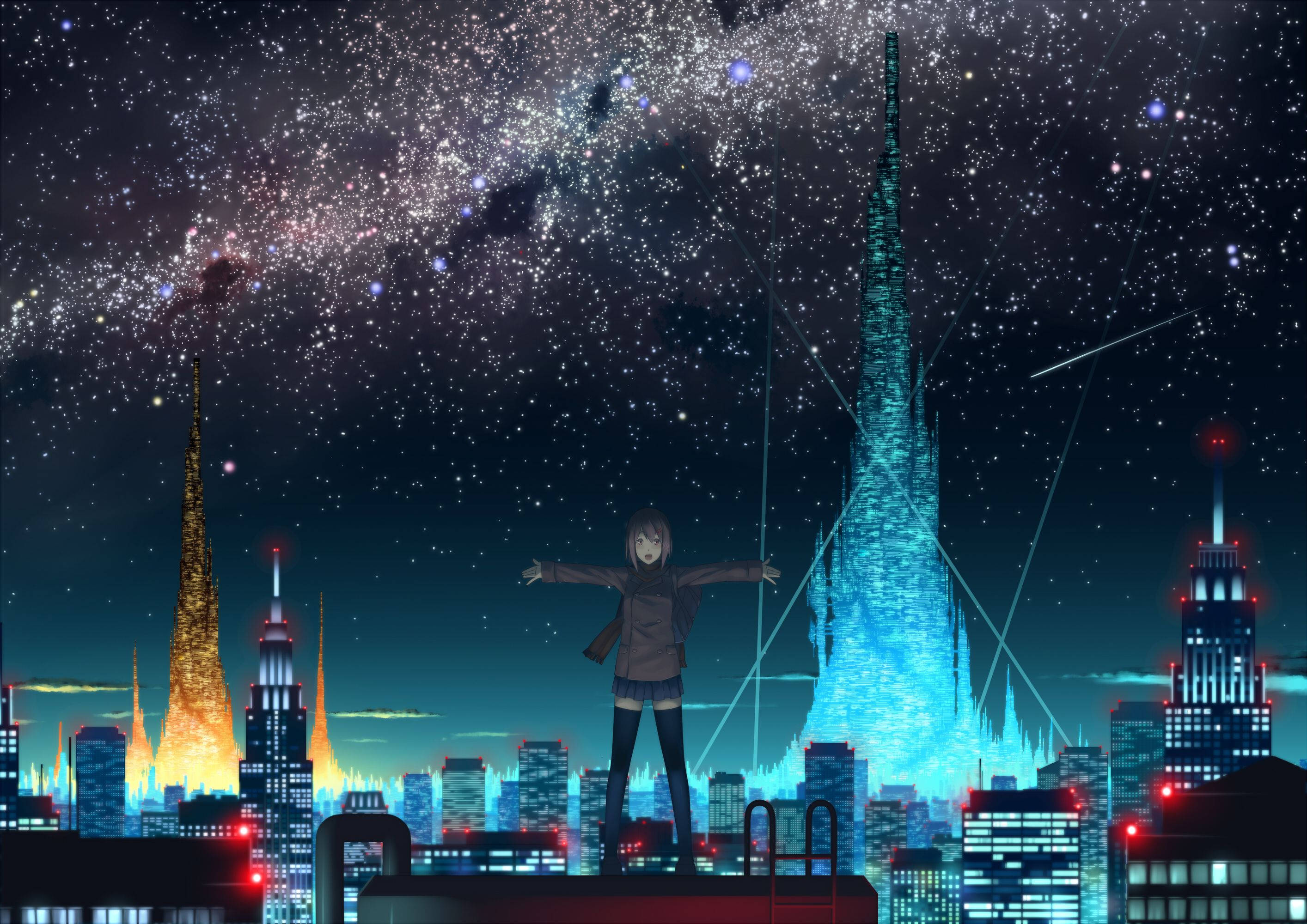 Sparkling Anime City Behind Girl Background