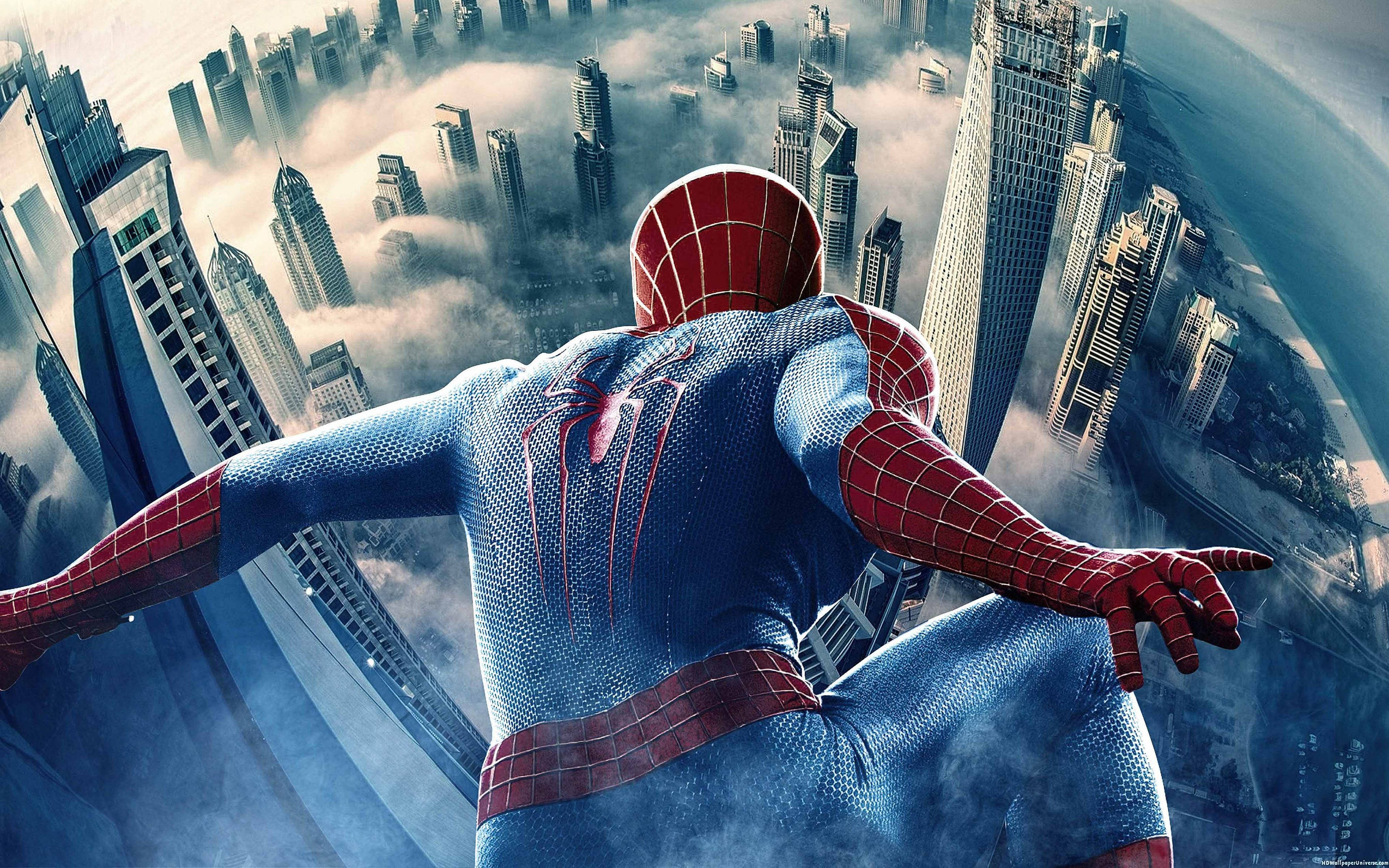 Spiderman Above City Buildings Background
