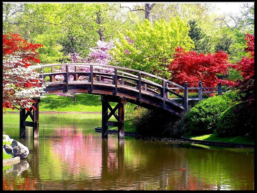 Spring Desktop Bridge In River Background