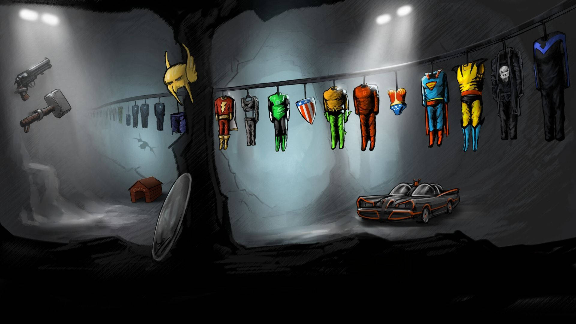 Superhero Outfits In Cave Background