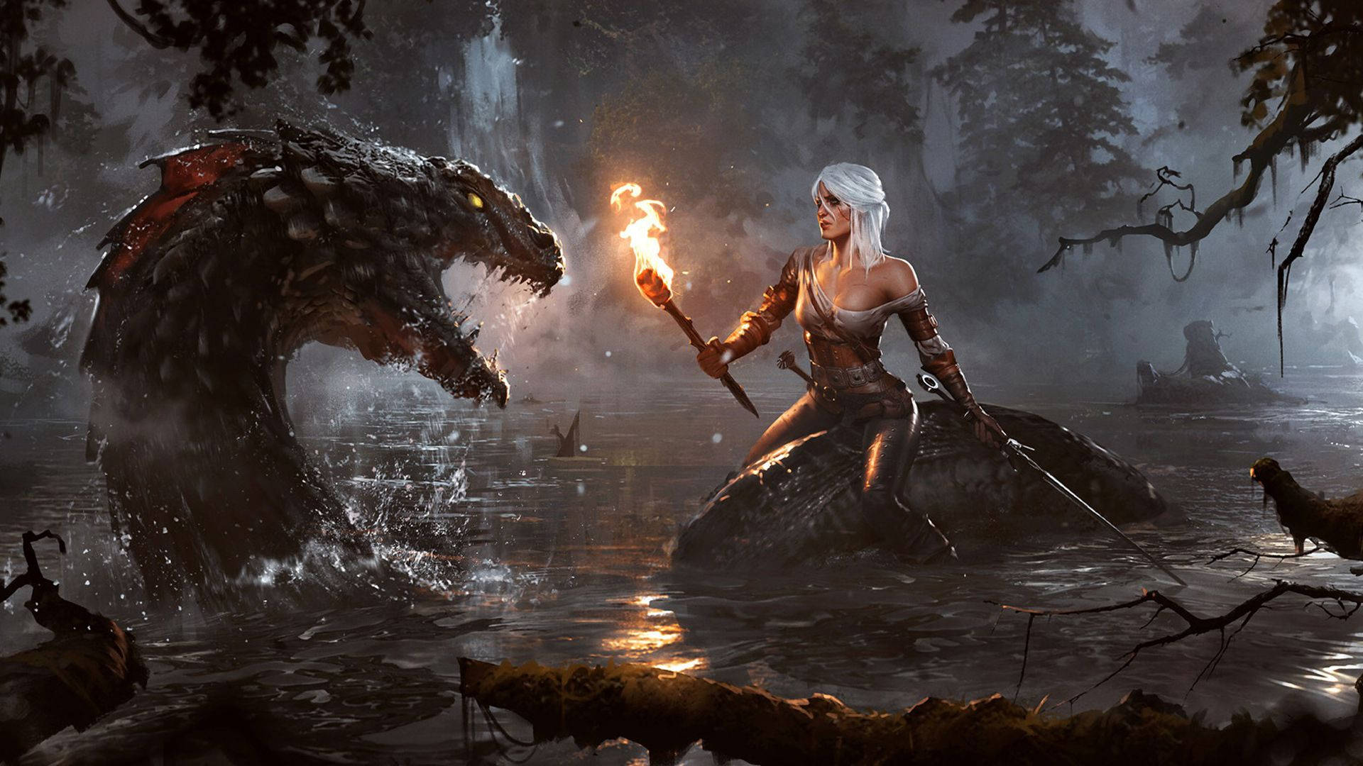 The Witcher 3 - A Woman Riding A Dragon In The Water Background