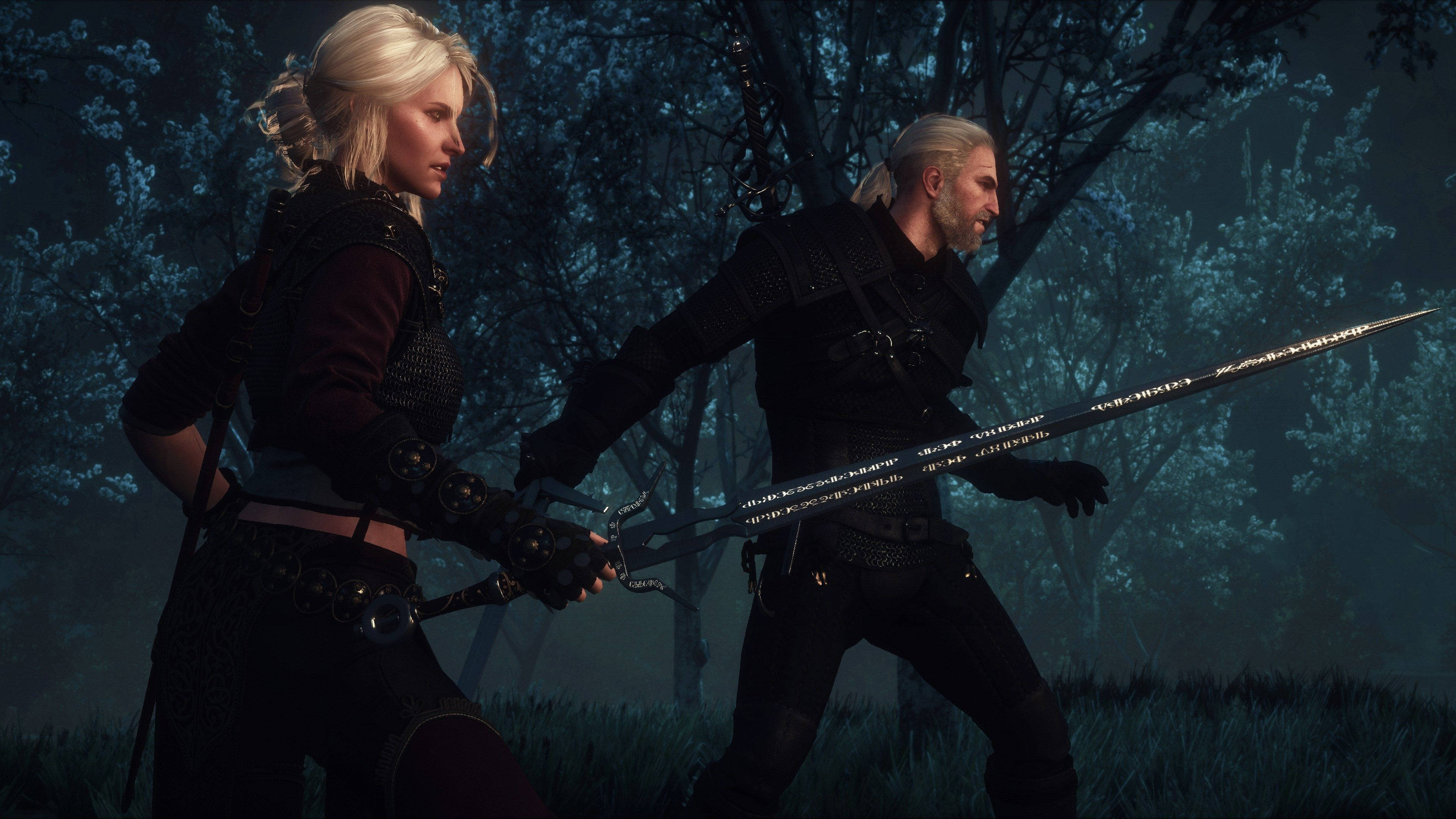 The Witcher 3 Geralt And Ciri In Dark Forest Background