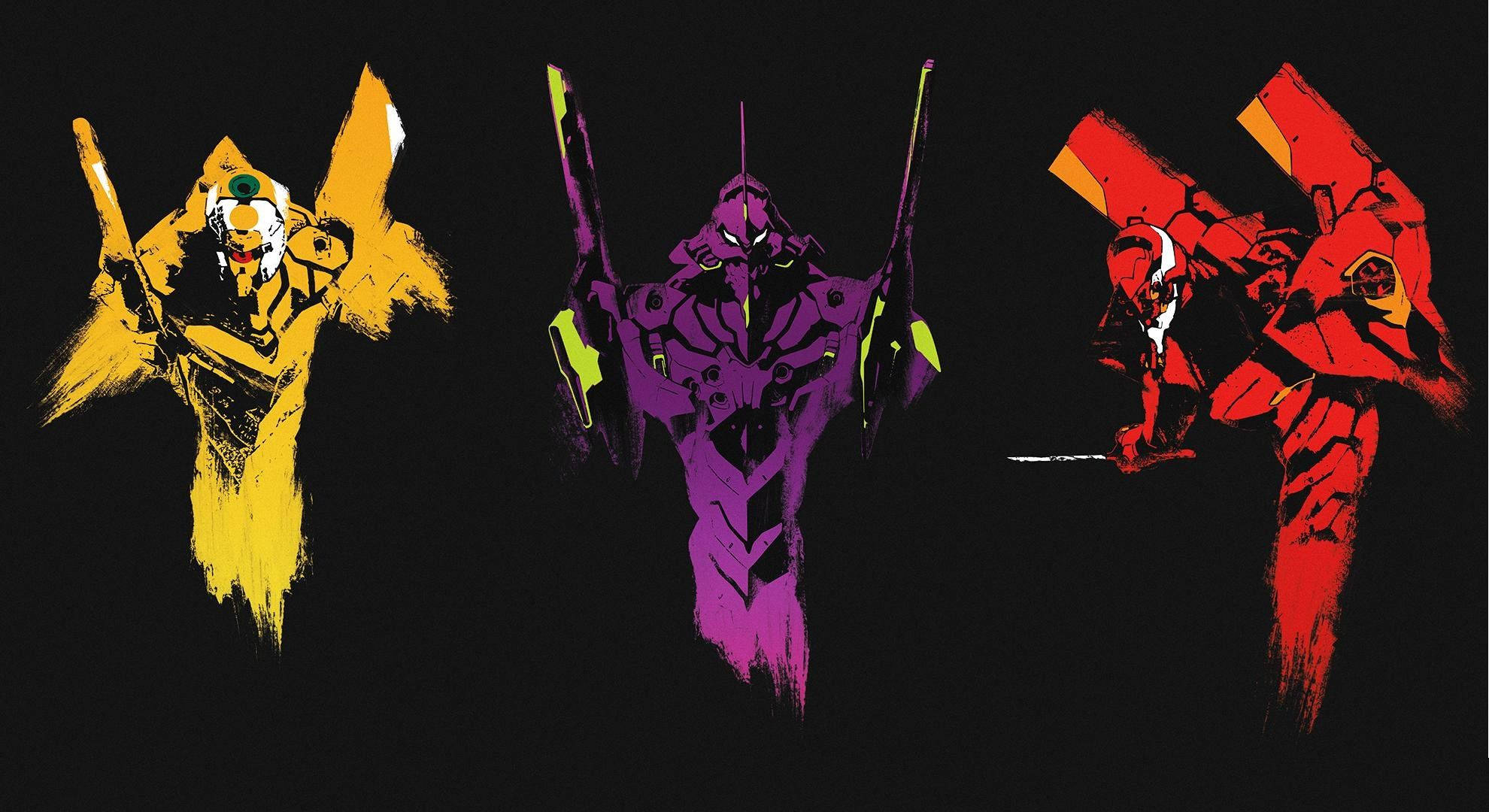 Three Different Colored Robots With Swords Background