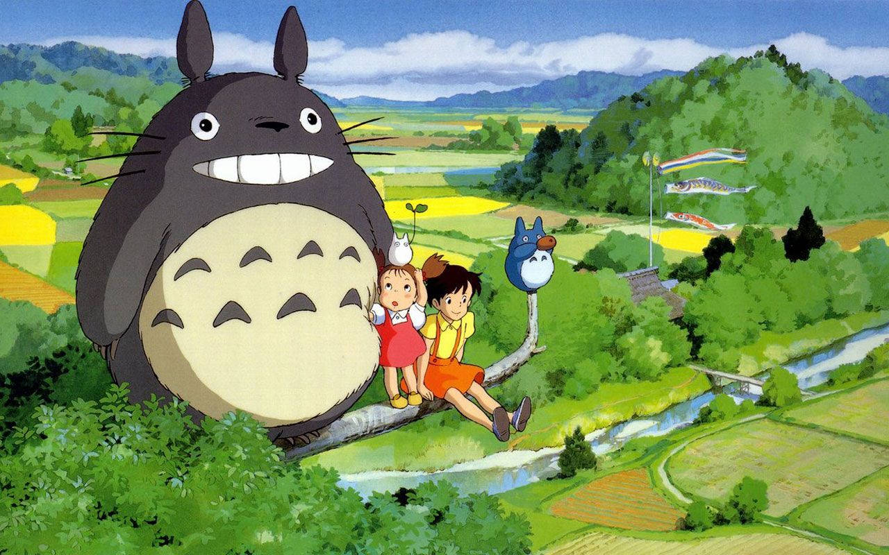 Totoro Kids Over Field Background
