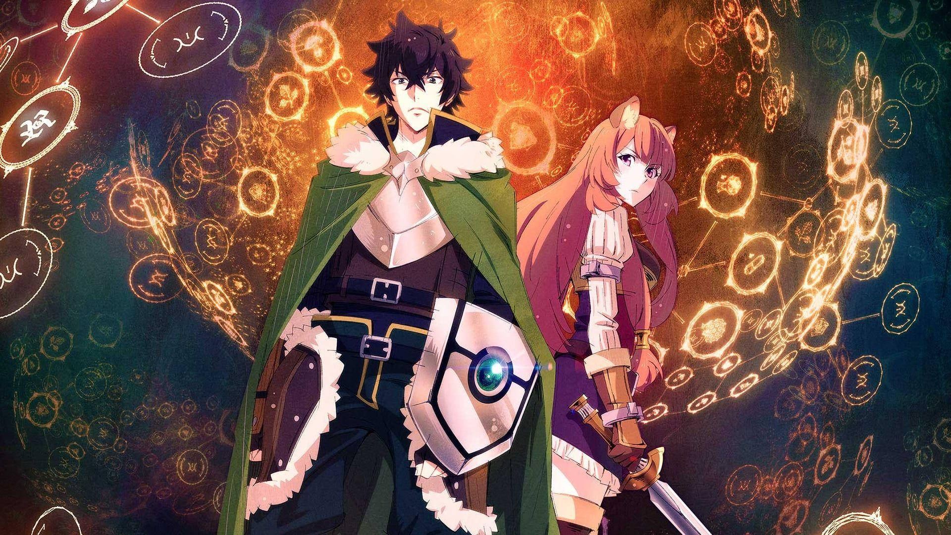 Two Anime Characters Standing In Front Of A Background With A Clock Background