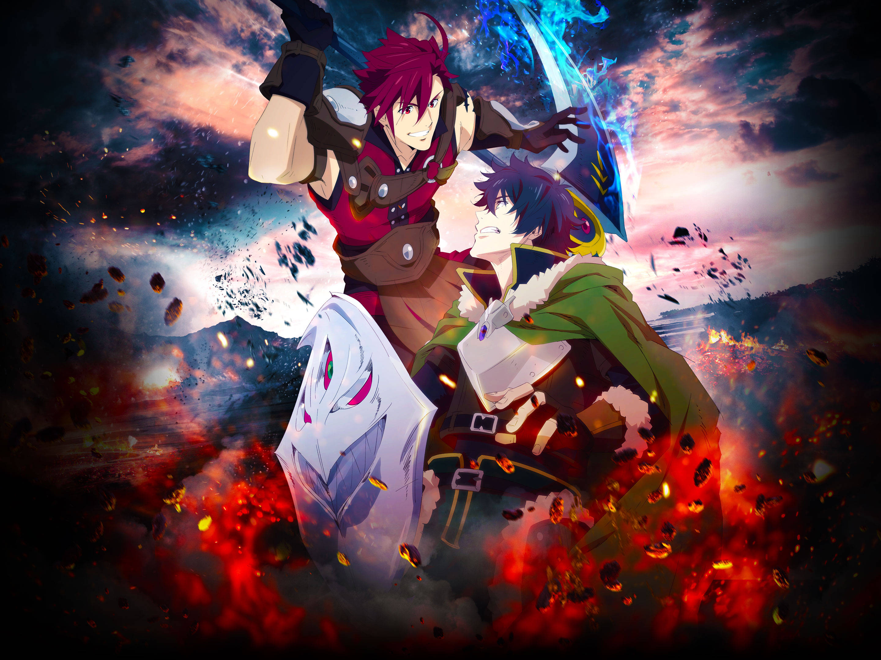 Two Anime Characters Standing In Front Of Fire Background