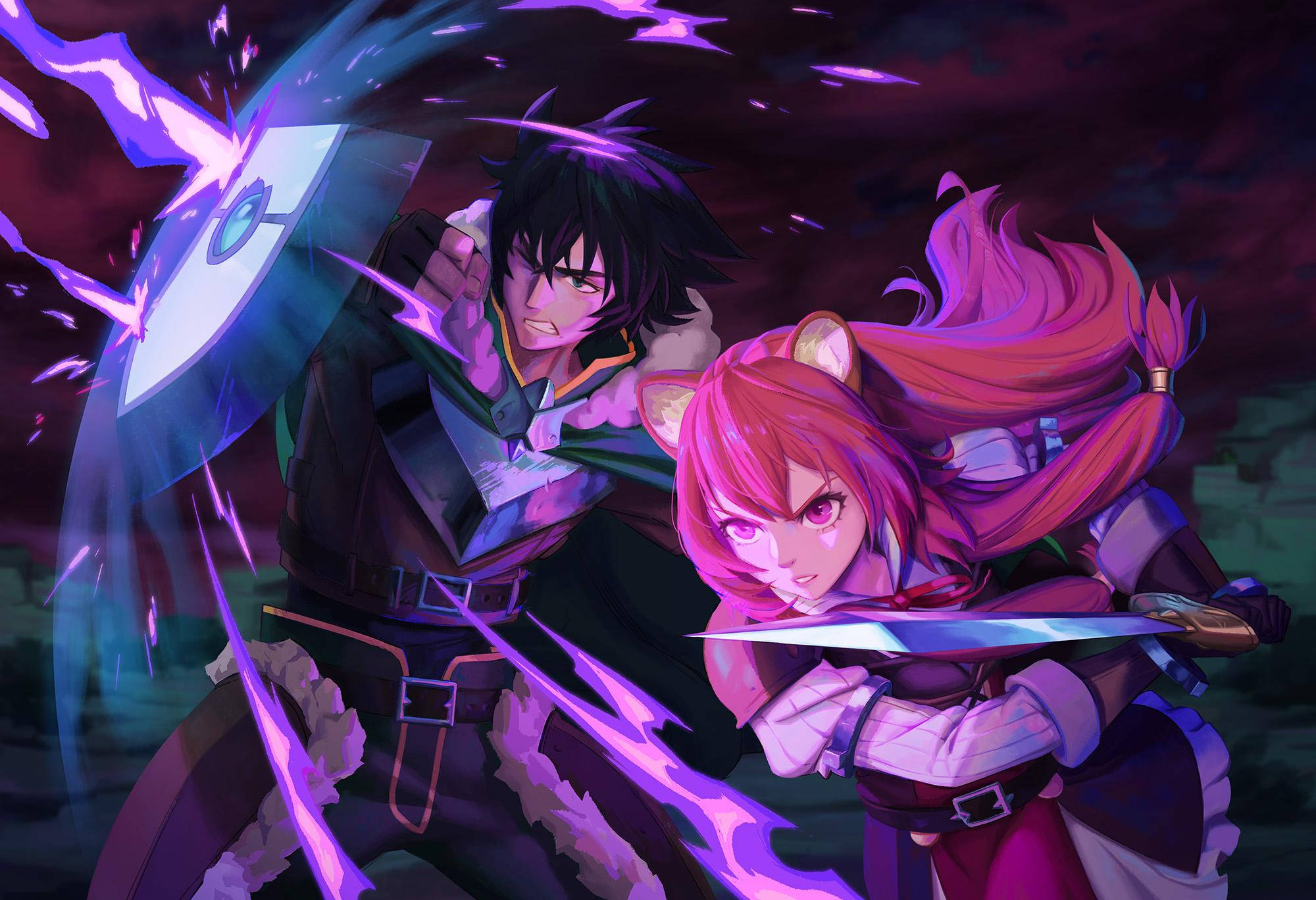 Two Anime Characters With Swords And Pink Hair Background