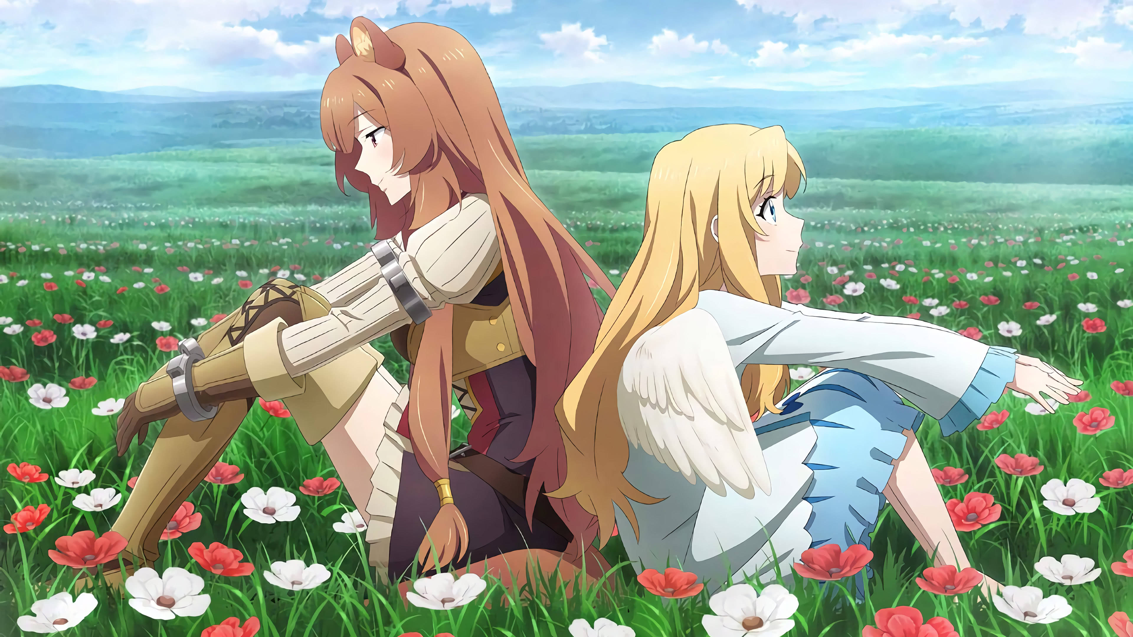 Two Anime Girls Sitting In A Field Of Flowers Background