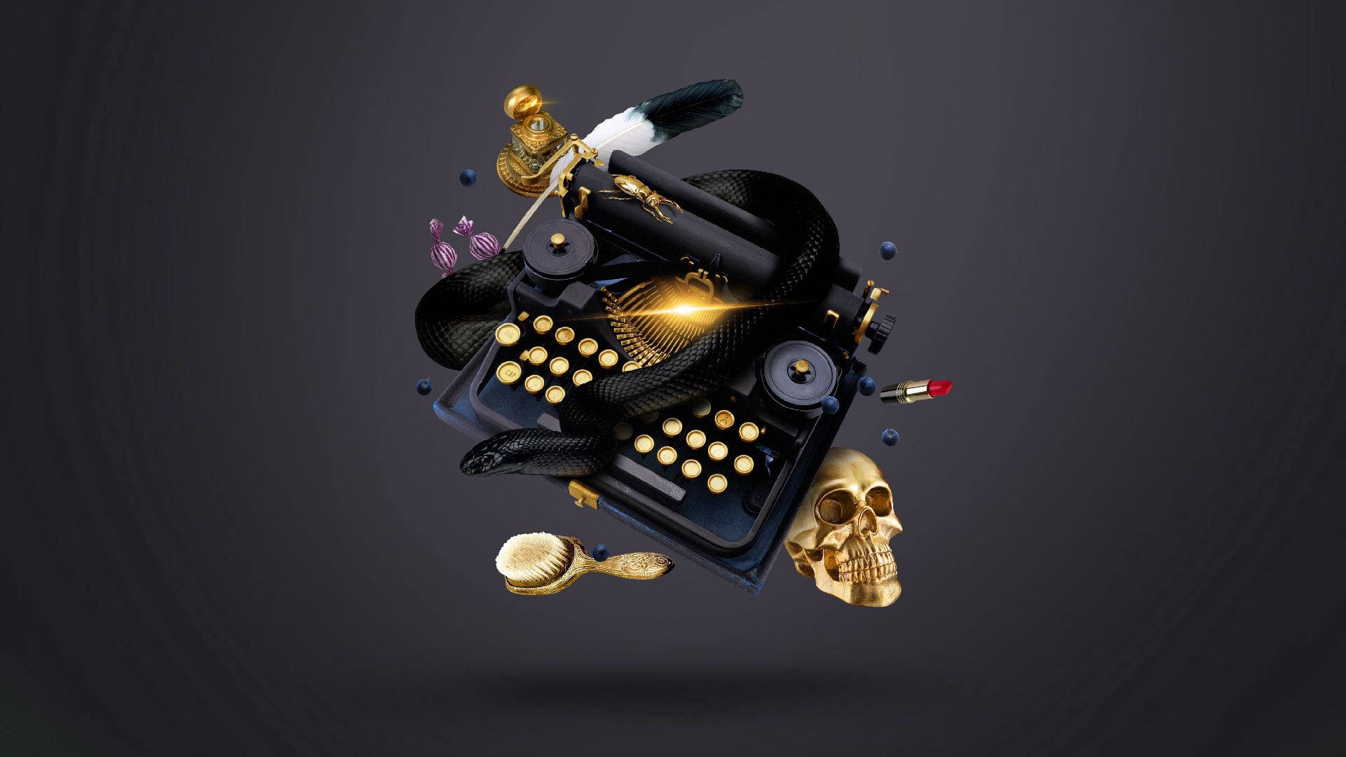 Typewriter, Skull, Witch, Snake, Ink Background