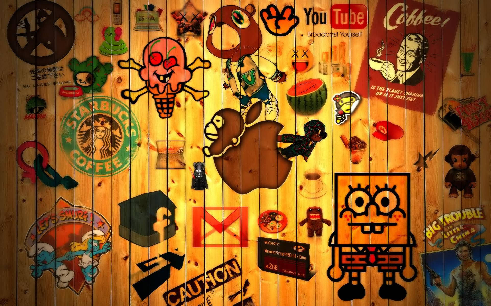 Various Brand And Characters On Wood Background