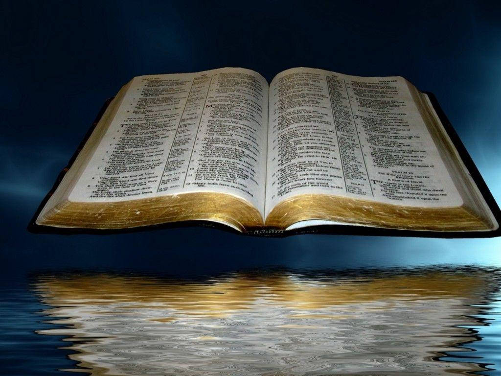 Vintage Open Bible On Water Background