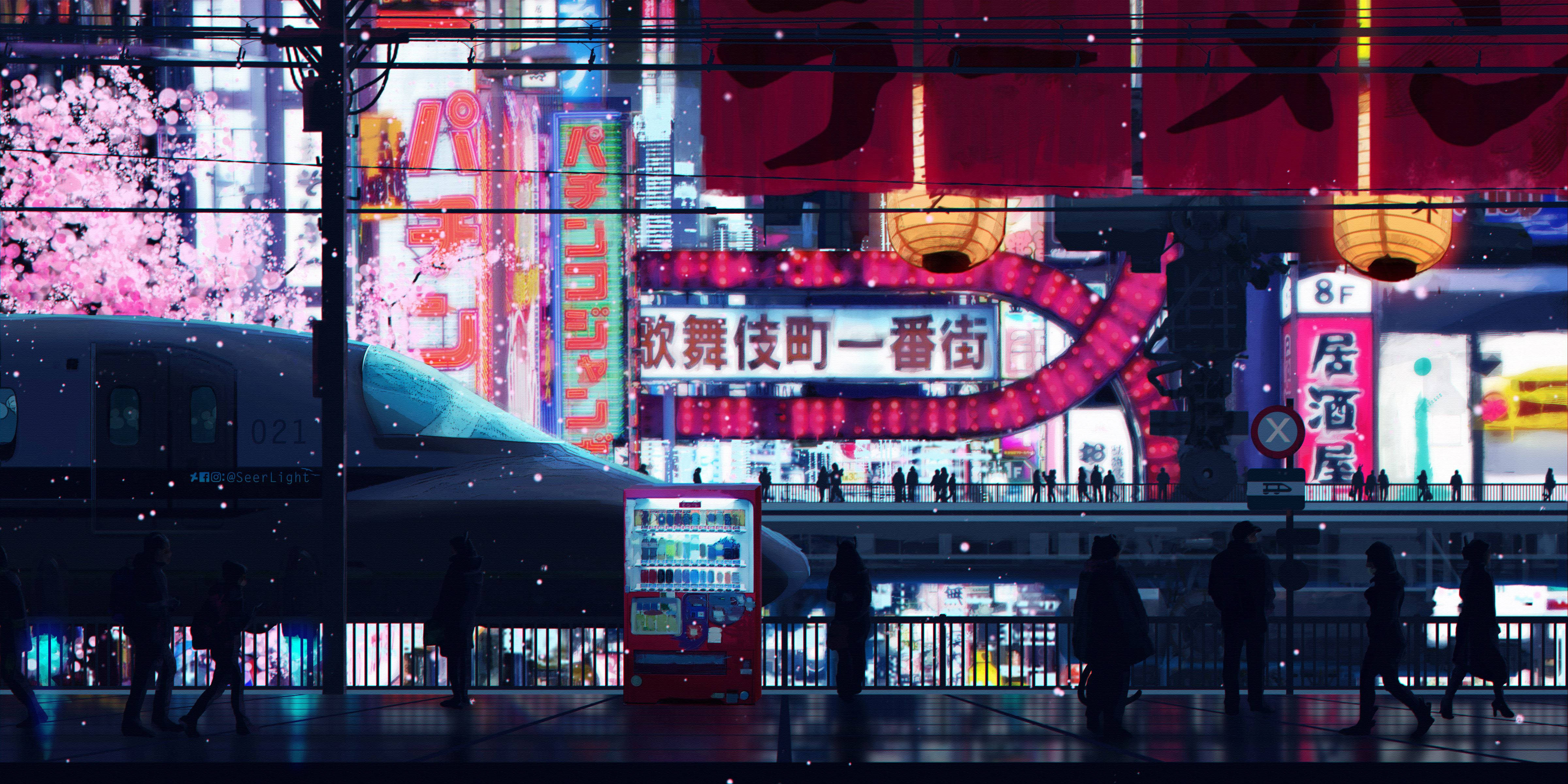 Widescreen Neon Anime City Background