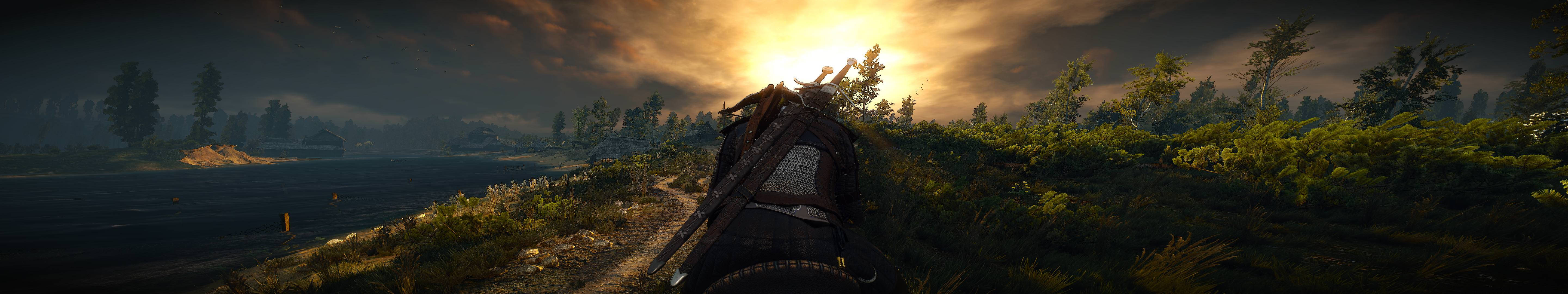 Witcher 3 Geralt Forest River Sunset Background