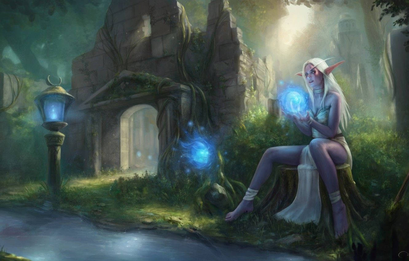 Wow Elf Girl Using Magic Background
