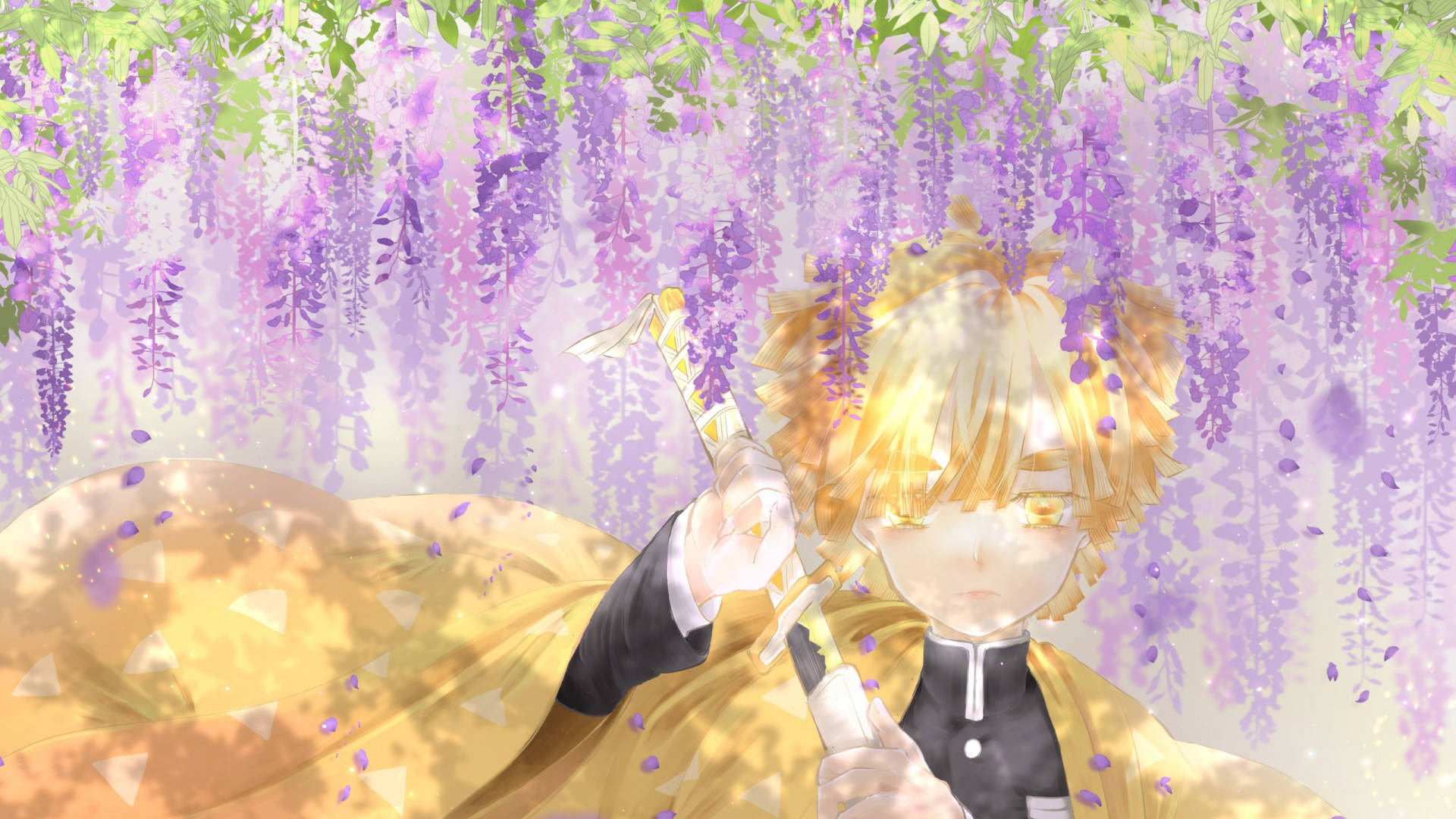 Zenitsu And Wisteria Flowers Background