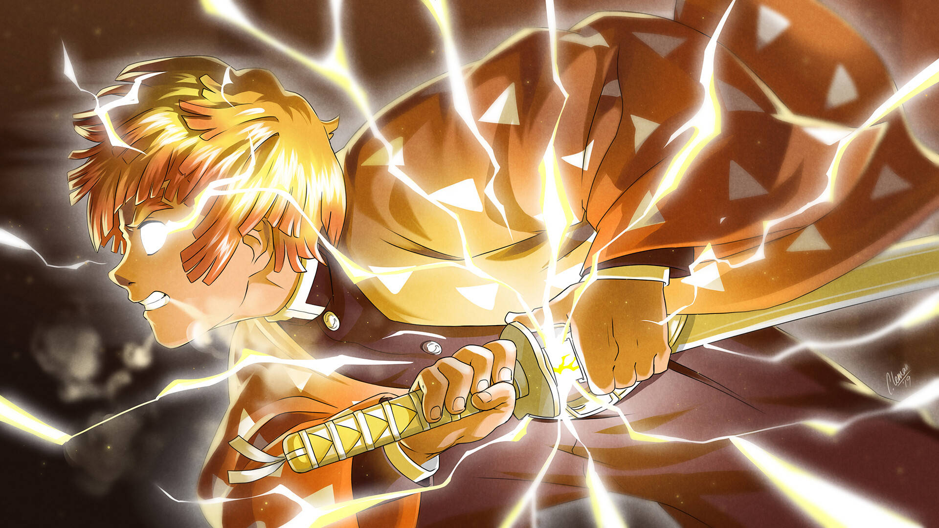 Zenitsu Unsheathing Glowing Sword Background