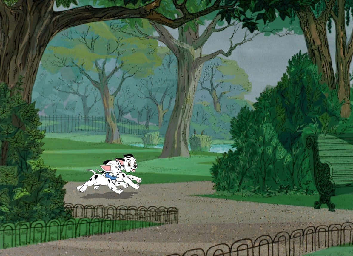 A Cartoon Scene Of A Dog And A Dalmatian